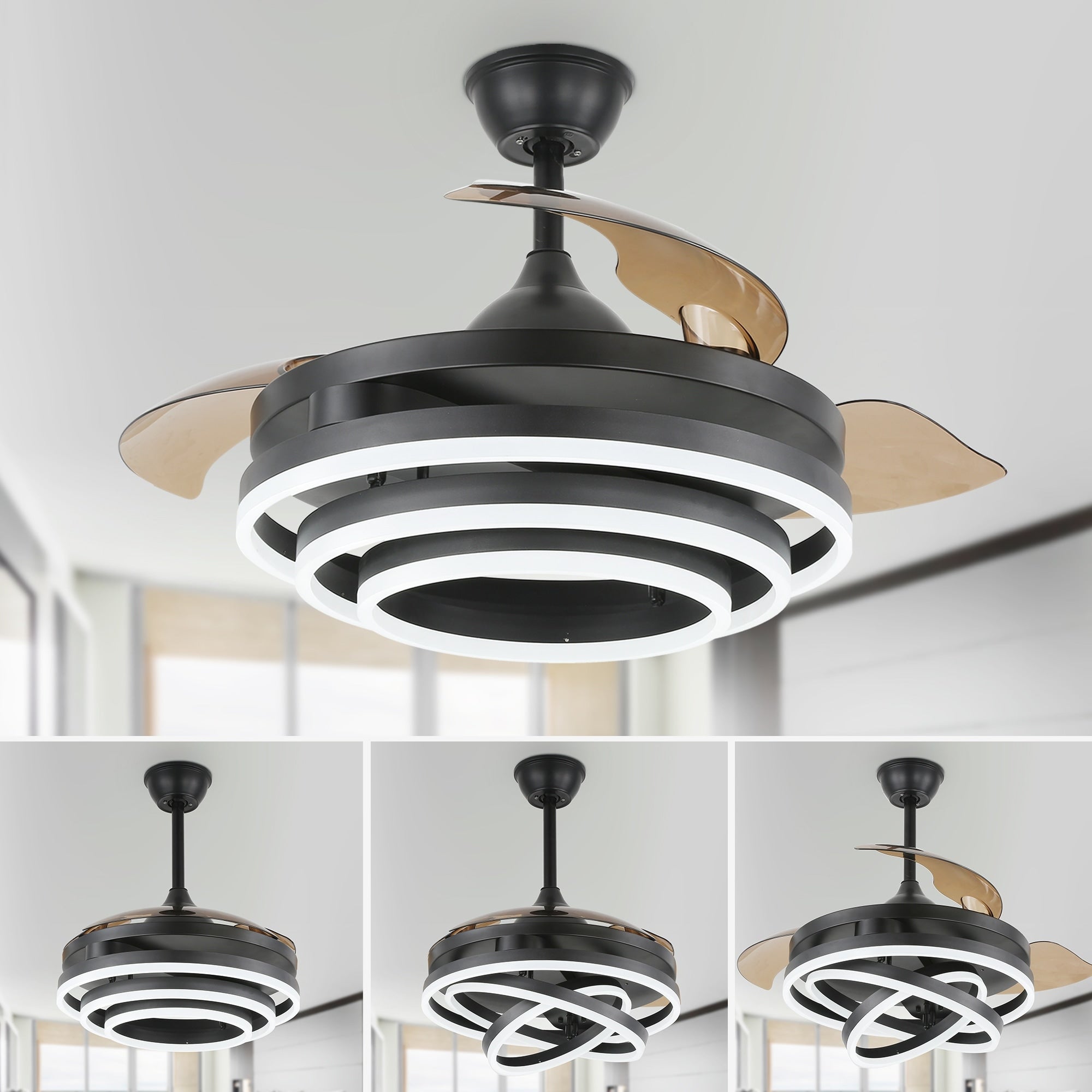 Ventilateur de plafond rétractable Cusp Barn 42 avec lumières et télécommande DIY Forme Fandelier Moderne Silencieux Moteur CC Plafonnier LED