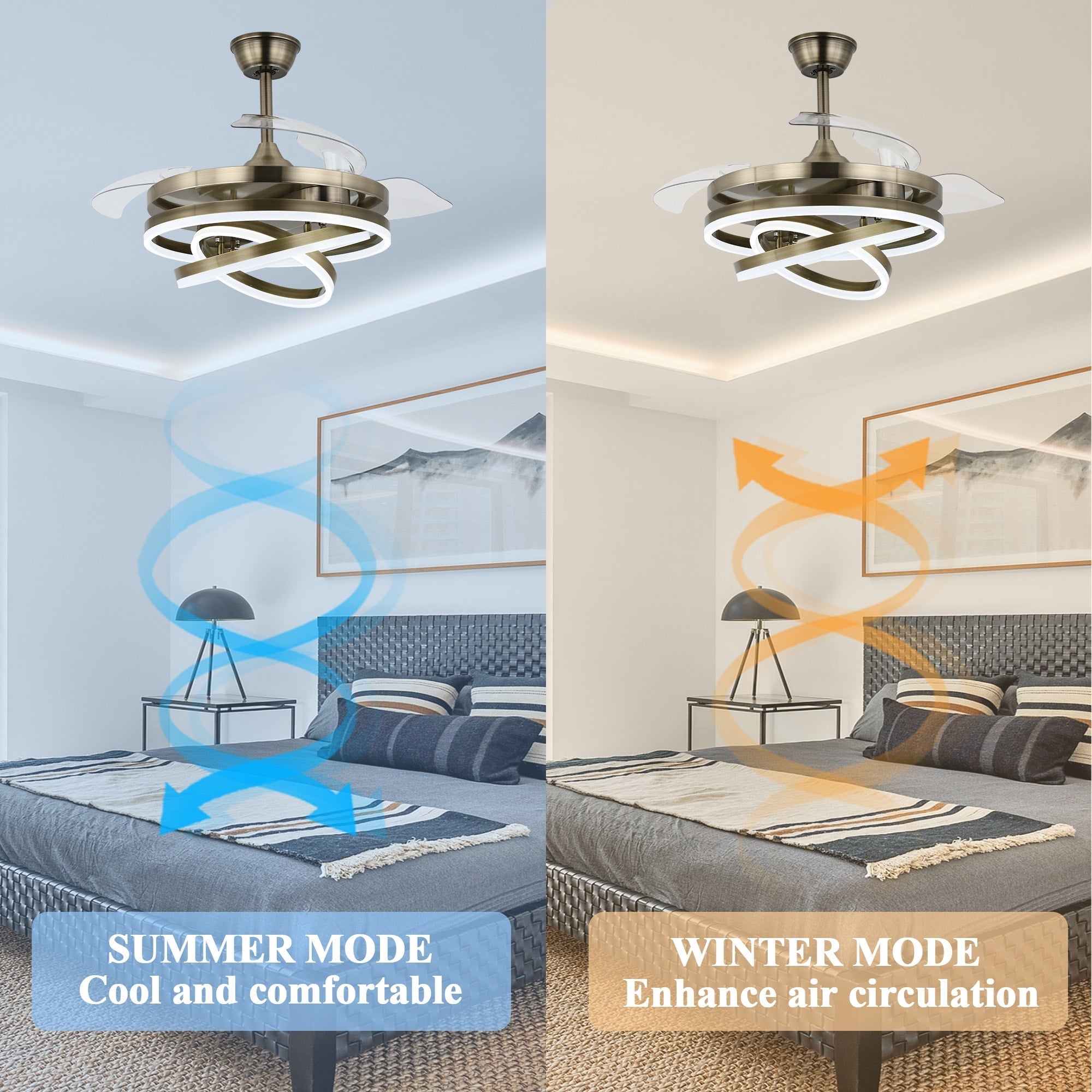 Ventilateur de plafond rétractable Cusp Barn 42 avec lumières et télécommande DIY Forme Fandelier Moderne Silencieux Moteur CC Plafonnier LED