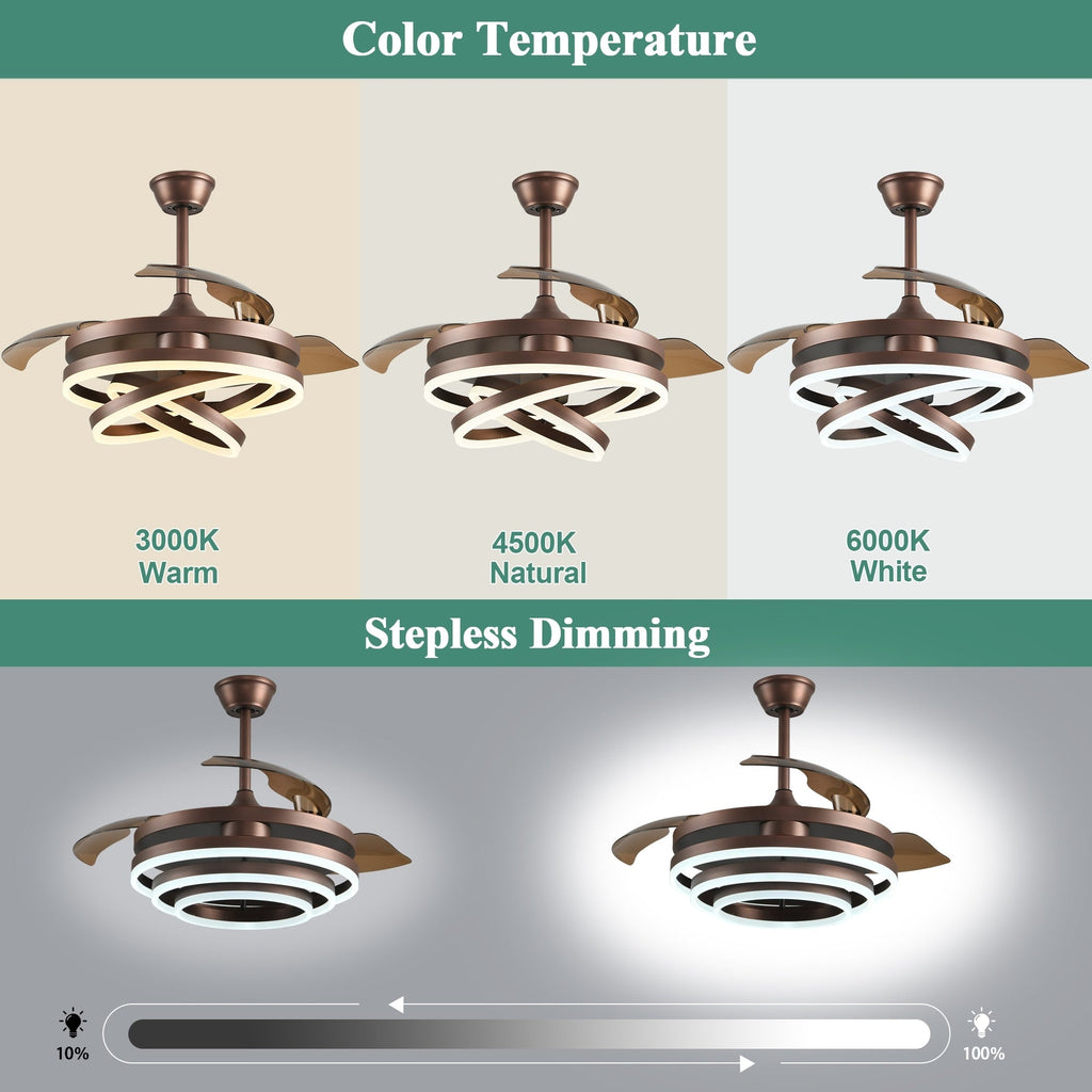 Ventilateur de plafond rétractable Cusp Barn 42 avec lumières et télécommande DIY Forme Fandelier Moderne Silencieux Moteur CC Plafonnier LED