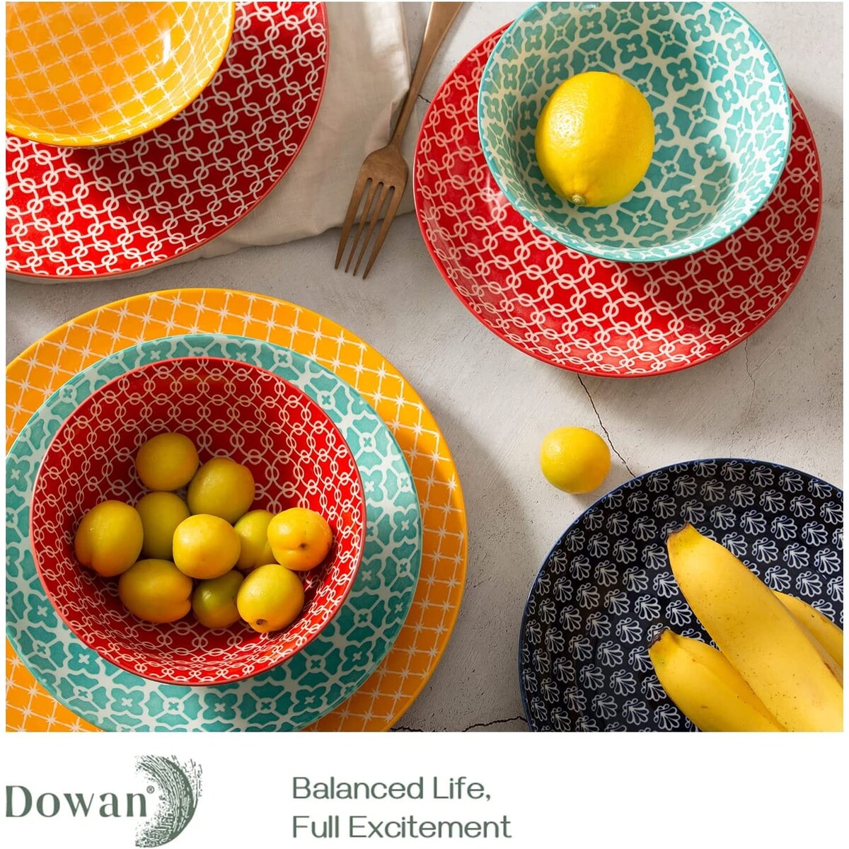 Ensemble d'assiettes et de bols en céramique DOWAN, service de table 12 pièces pour décoration de Noël, service de vaisselle coloré pour 4 personnes