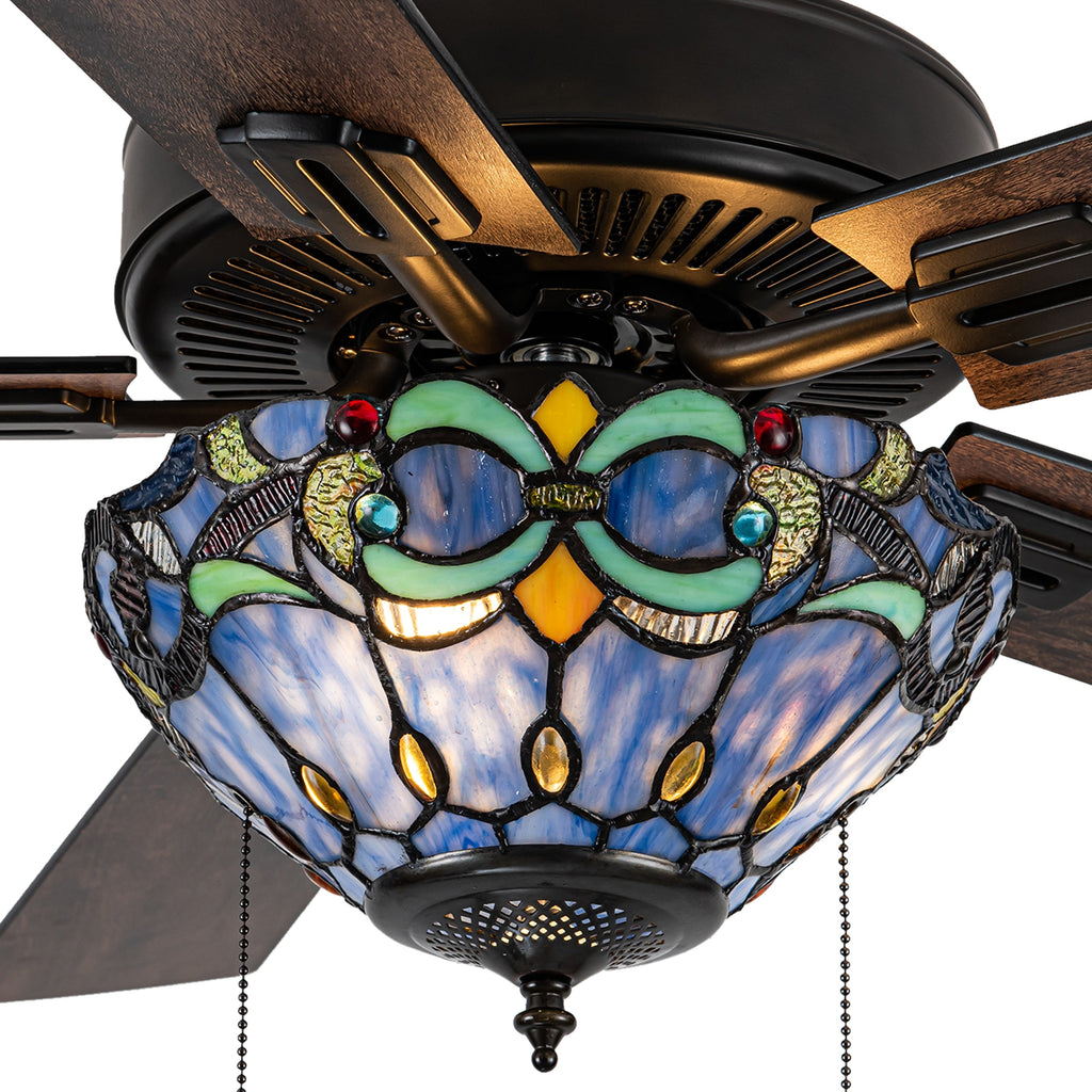 Ventilateur de plafond télécommandé à 3 lumières, 52 pouces, bronze huilé et vitrail, Della River of Goods