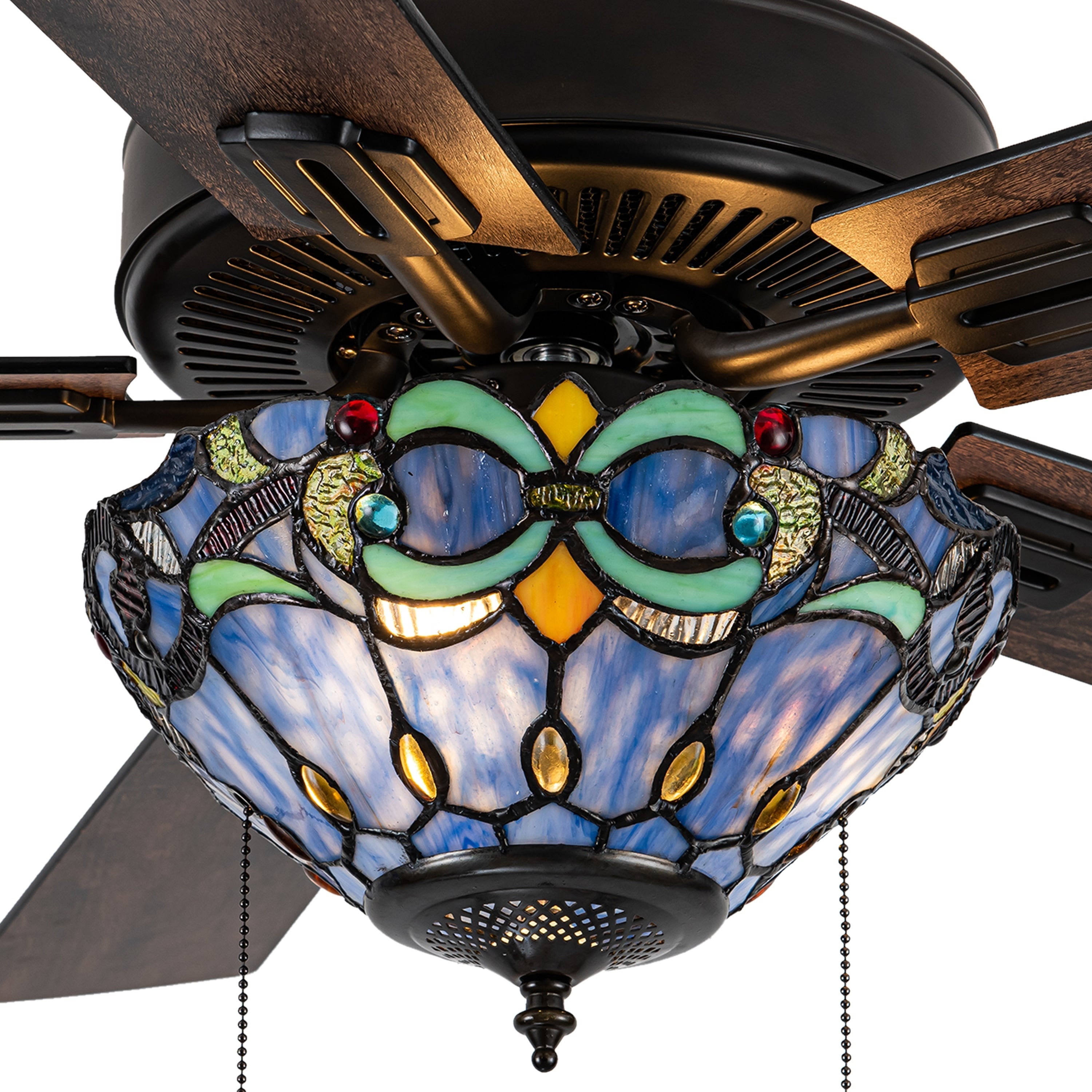 Ventilateur de plafond télécommandé à 3 lumières, 52 pouces, bronze huilé et vitrail, Della River of Goods