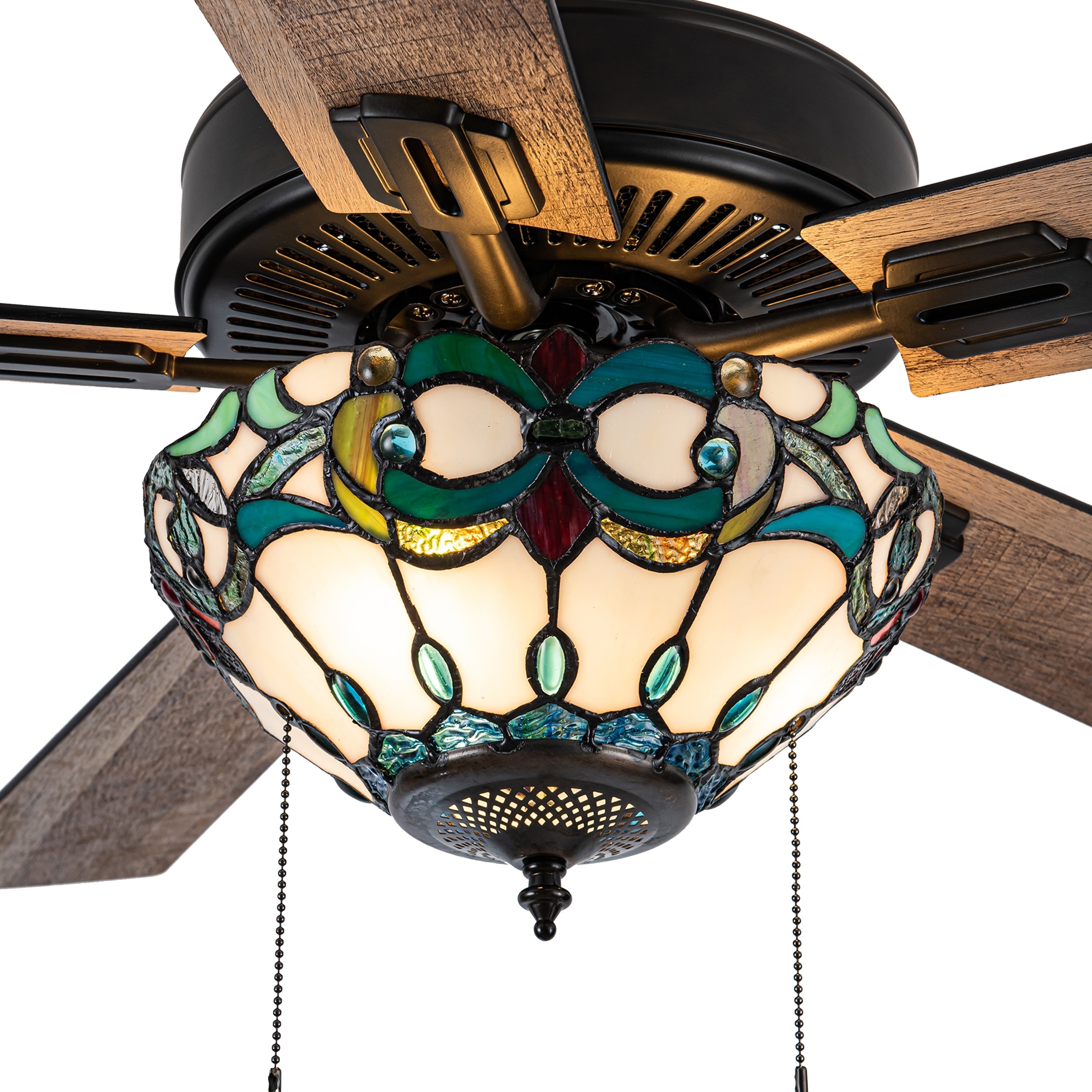 Ventilateur de plafond télécommandé à 3 lumières, 52 pouces, bronze huilé et vitrail, Della River of Goods