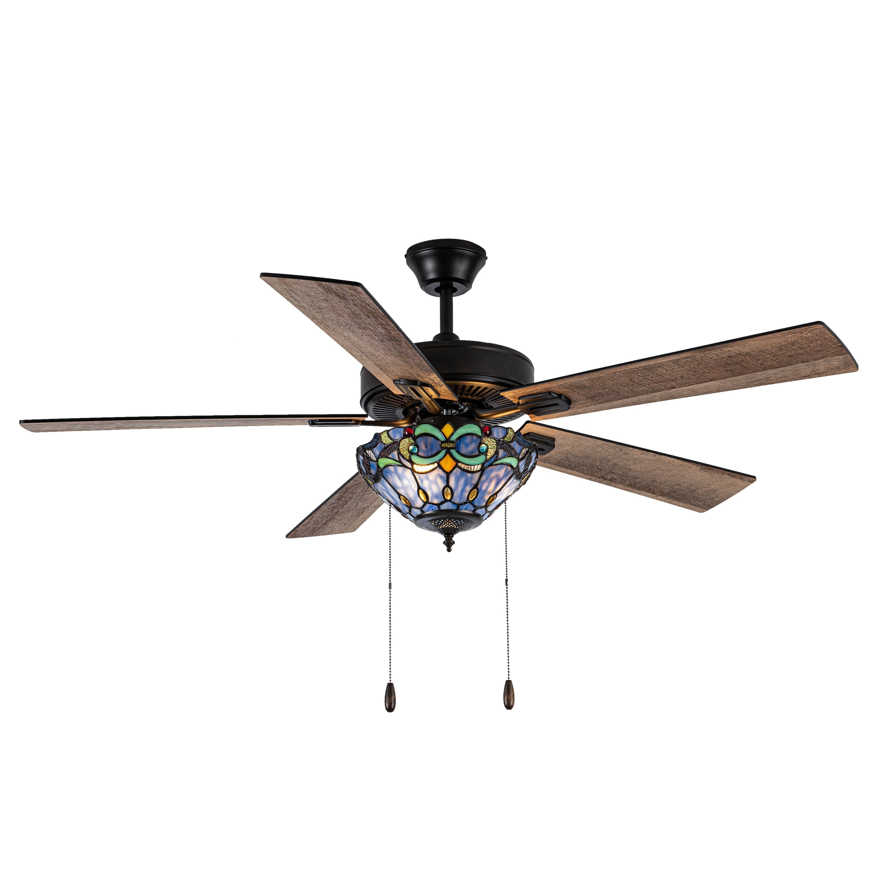 Ventilateur de plafond télécommandé à 3 lumières, 52 pouces, bronze huilé et vitrail, Della River of Goods