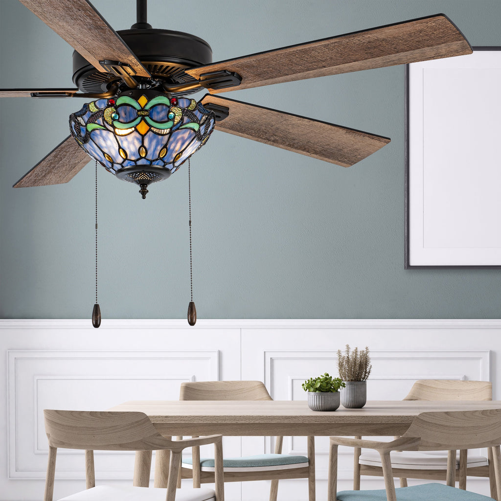 Ventilateur de plafond télécommandé à 3 lumières, 52 pouces, bronze huilé et vitrail, Della River of Goods