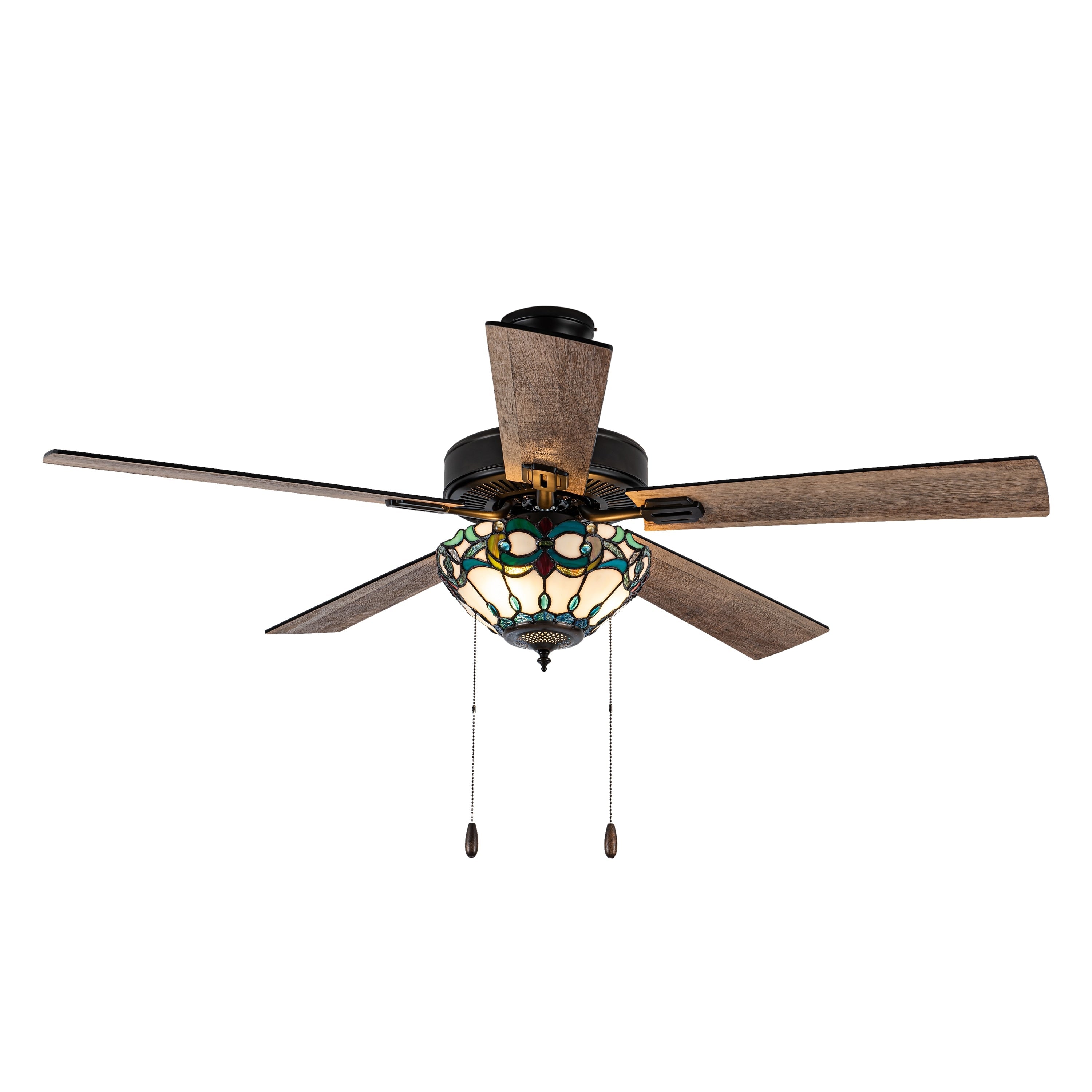Ventilateur de plafond télécommandé à 3 lumières, 52 pouces, bronze huilé et vitrail, Della River of Goods