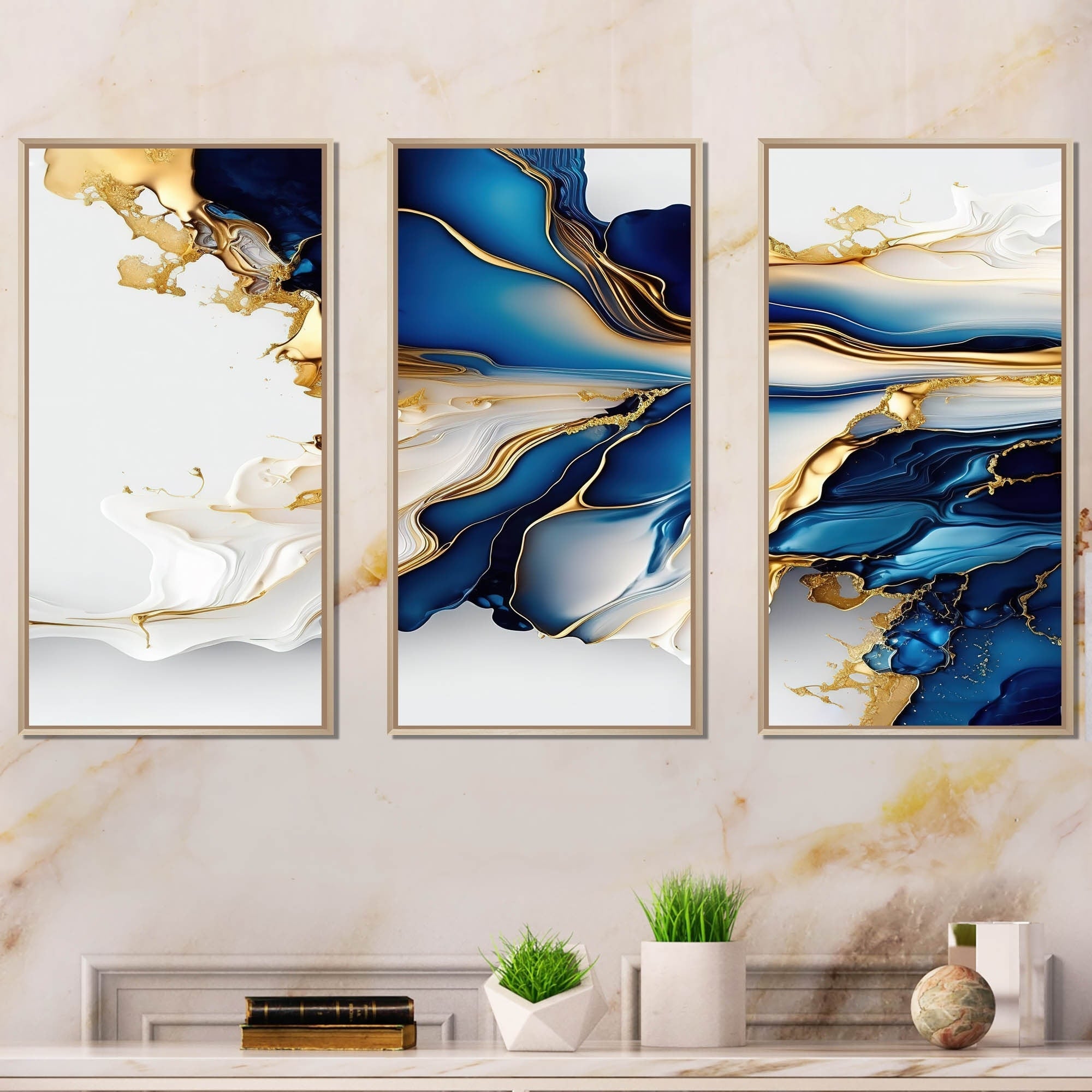 Impression sur toile encadrée Designart, motif géométrique moderne, forme géométrique abstraite, marbre doré et bleu III - 3 panneaux