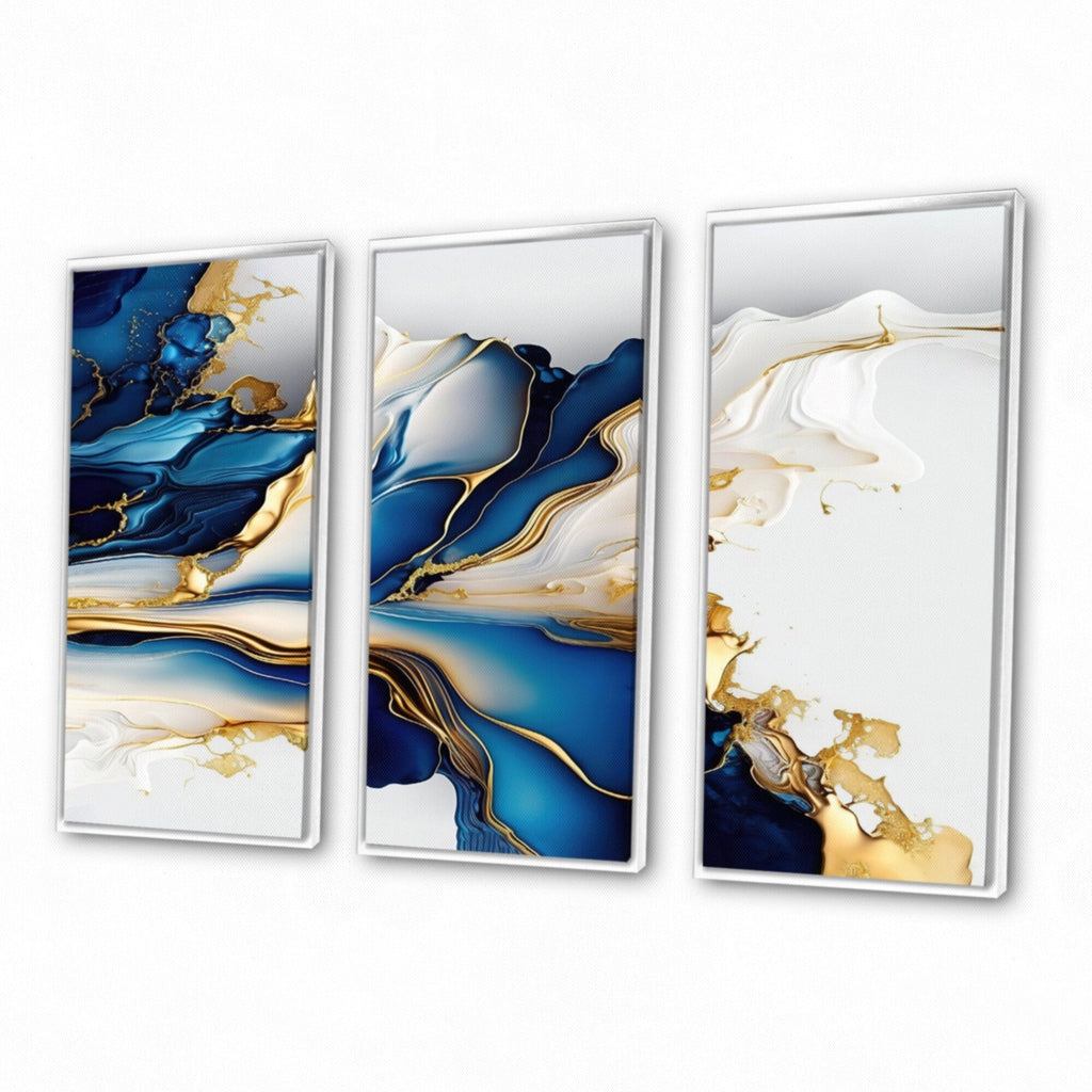 Impression sur toile encadrée Designart, motif géométrique moderne, forme géométrique abstraite, marbre doré et bleu III - 3 panneaux