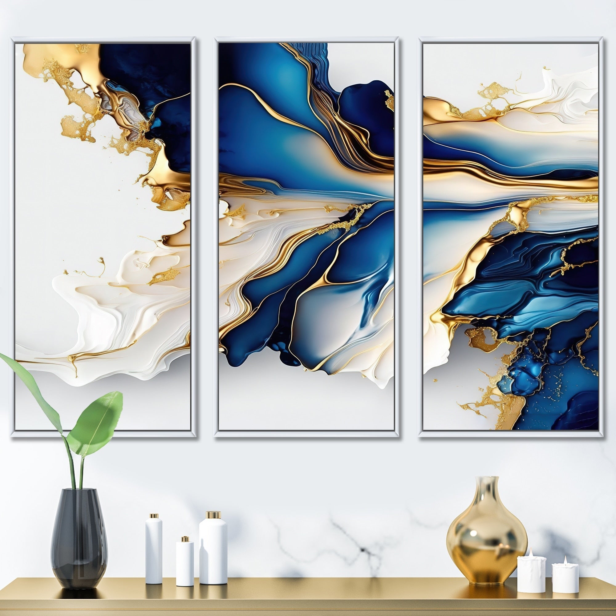Impression sur toile encadrée Designart, motif géométrique moderne, forme géométrique abstraite, marbre doré et bleu III - 3 panneaux