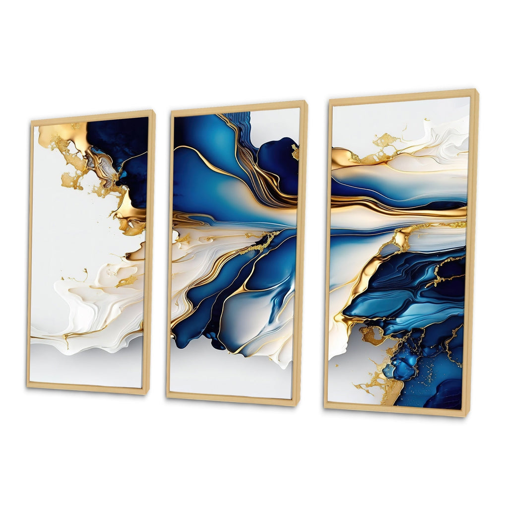 Impression sur toile encadrée Designart, motif géométrique moderne, forme géométrique abstraite, marbre doré et bleu III - 3 panneaux