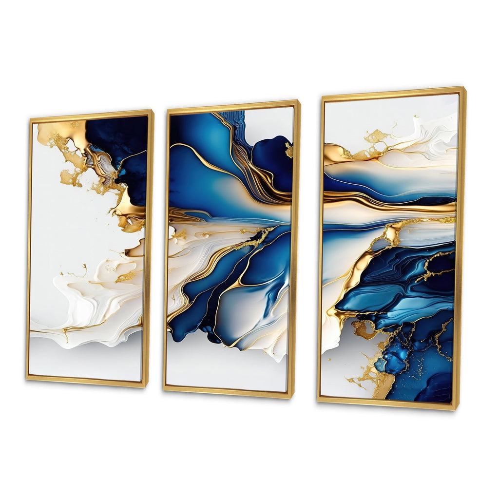 Impression sur toile encadrée Designart, motif géométrique moderne, forme géométrique abstraite, marbre doré et bleu III - 3 panneaux