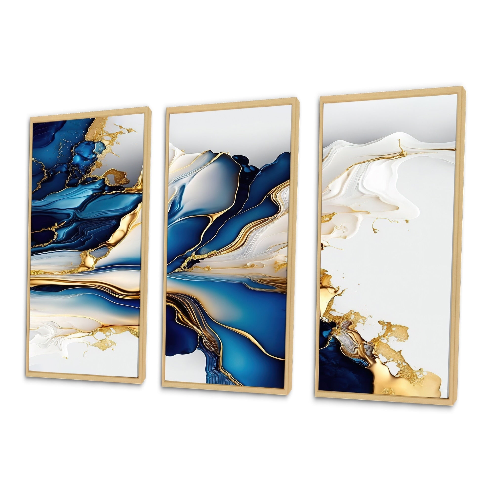 Impression sur toile encadrée Designart, motif géométrique moderne, forme géométrique abstraite, marbre doré et bleu III - 3 panneaux
