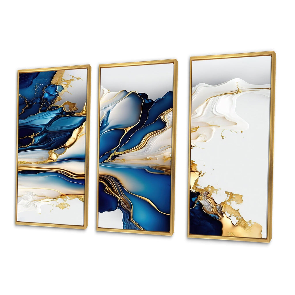 Impression sur toile encadrée Designart, motif géométrique moderne, forme géométrique abstraite, marbre doré et bleu III - 3 panneaux