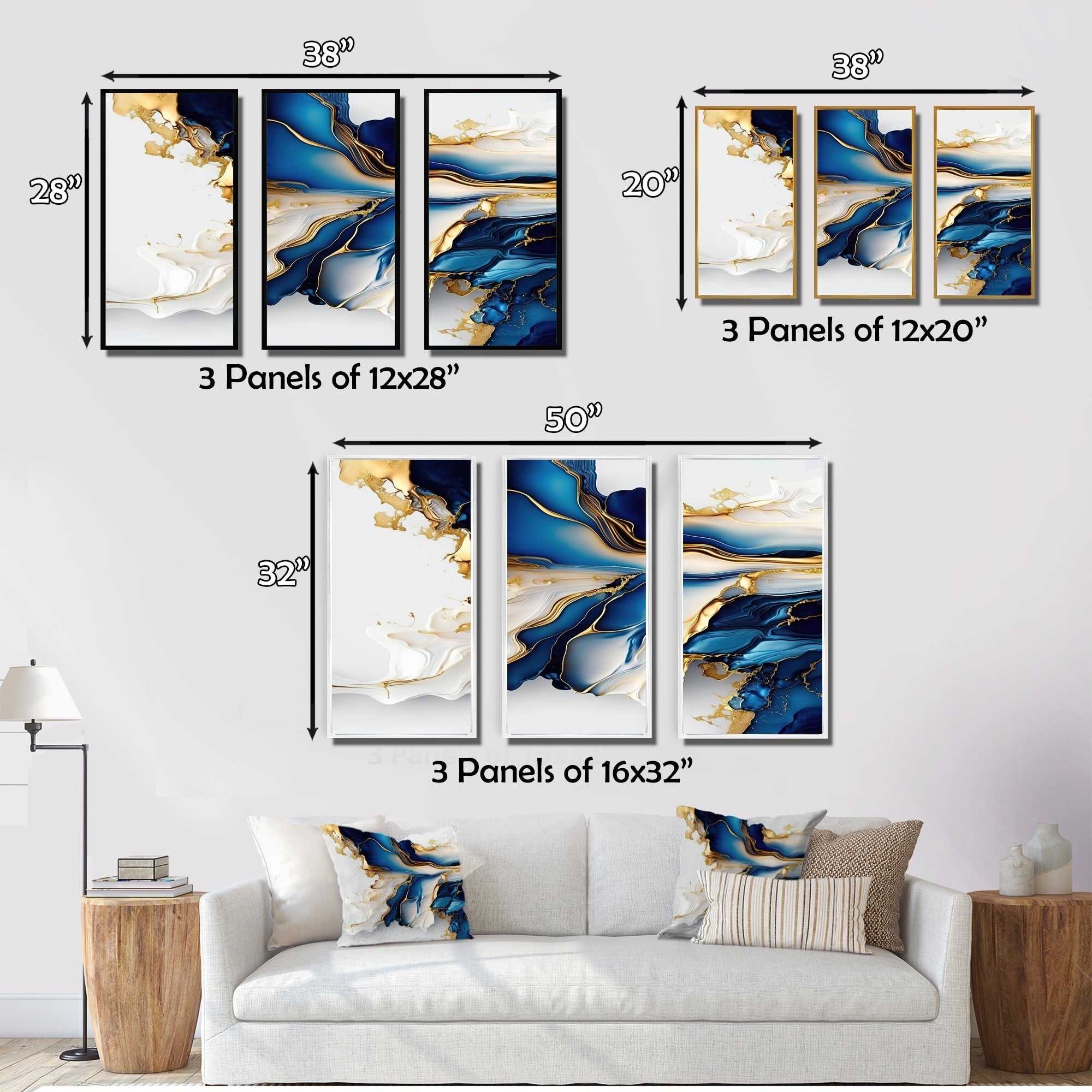 Impression sur toile encadrée Designart, motif géométrique moderne, forme géométrique abstraite, marbre doré et bleu III - 3 panneaux