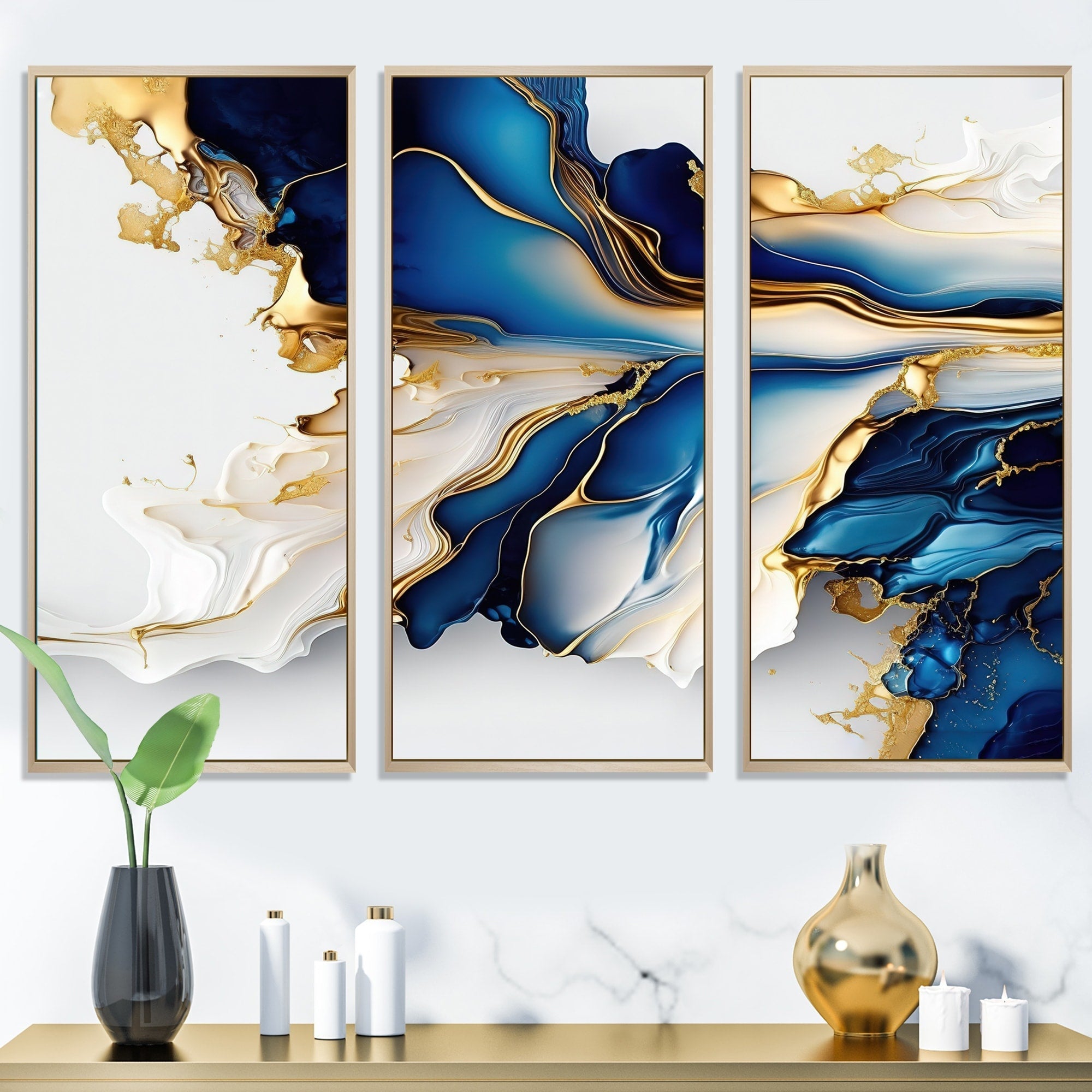 Impression sur toile encadrée Designart, motif géométrique moderne, forme géométrique abstraite, marbre doré et bleu III - 3 panneaux