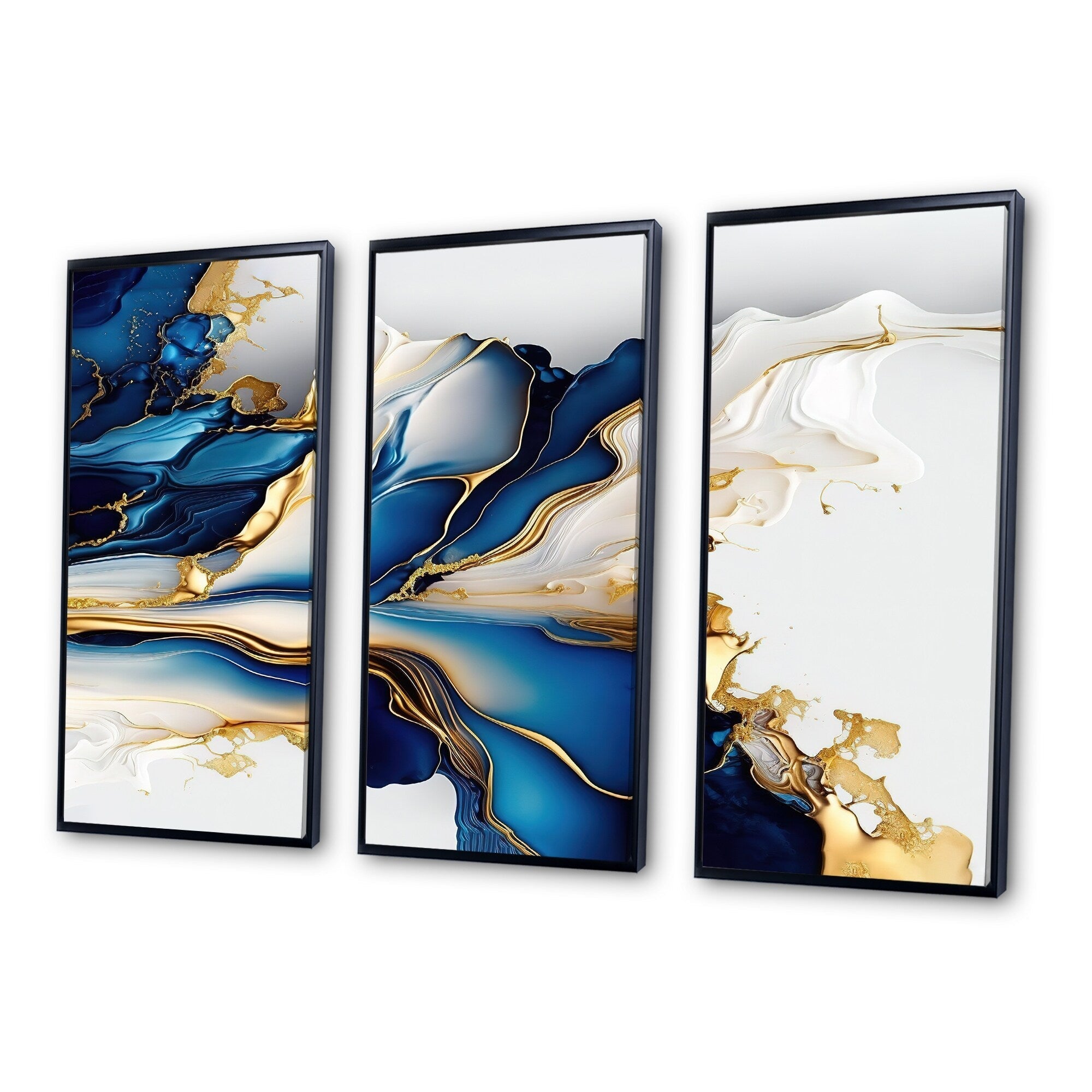 Impression sur toile encadrée Designart, motif géométrique moderne, forme géométrique abstraite, marbre doré et bleu III - 3 panneaux