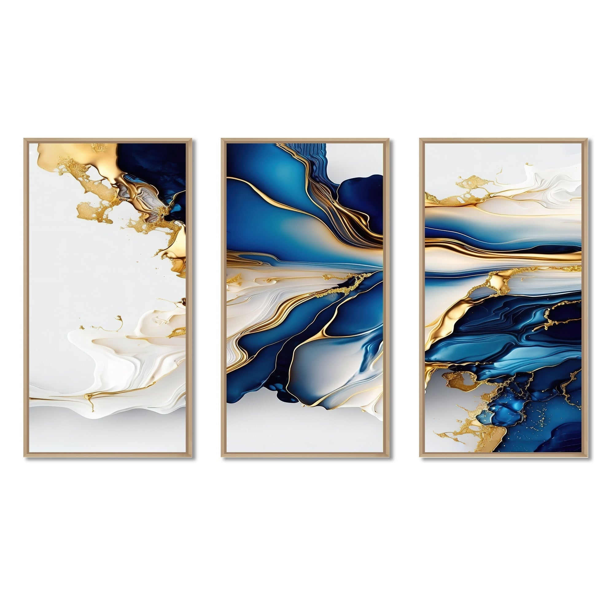 Impression sur toile encadrée Designart, motif géométrique moderne, forme géométrique abstraite, marbre doré et bleu III - 3 panneaux