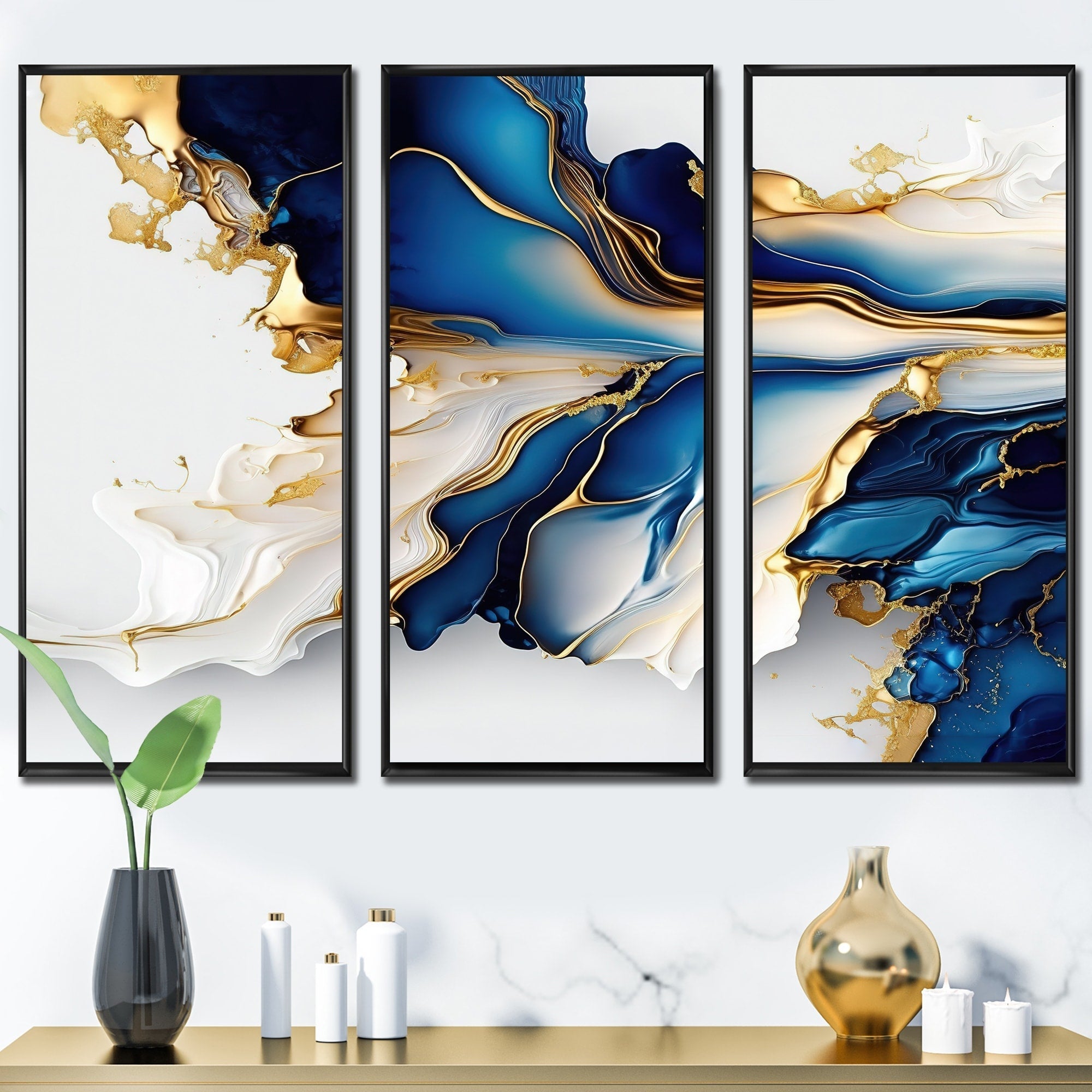 Impression sur toile encadrée Designart, motif géométrique moderne, forme géométrique abstraite, marbre doré et bleu III - 3 panneaux