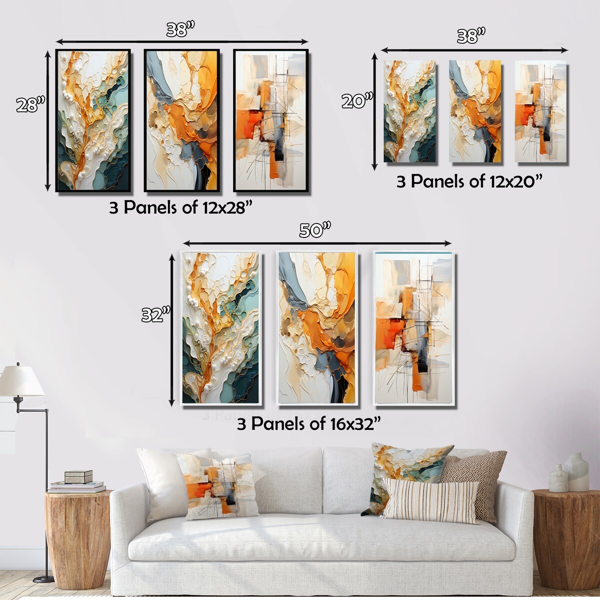 Lot de 3 œuvres d'art murales abstraites encadrées Designart orange et blanc, abstraction organique, pour décoration de salon