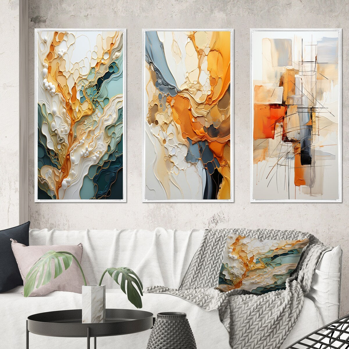 Lot de 3 œuvres d'art murales abstraites encadrées Designart orange et blanc, abstraction organique, pour décoration de salon