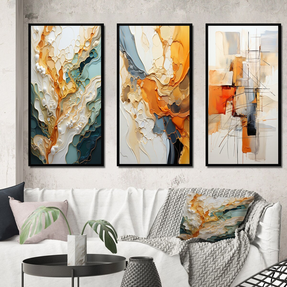 Lot de 3 œuvres d'art murales abstraites encadrées Designart orange et blanc, abstraction organique, pour décoration de salon