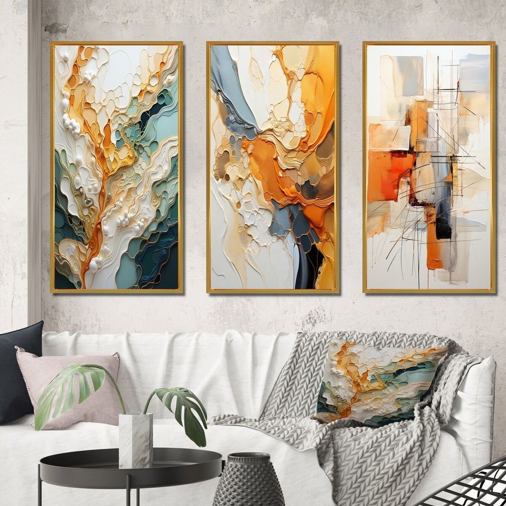 Lot de 3 œuvres d'art murales abstraites encadrées Designart orange et blanc, abstraction organique, pour décoration de salon