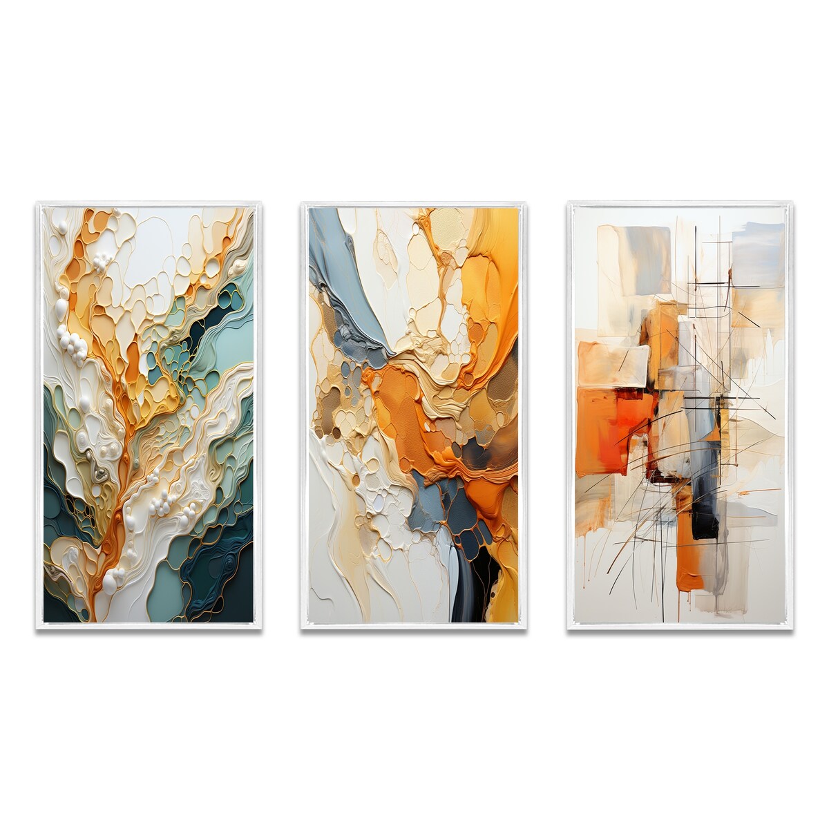 Lot de 3 œuvres d'art murales abstraites encadrées Designart orange et blanc, abstraction organique, pour décoration de salon