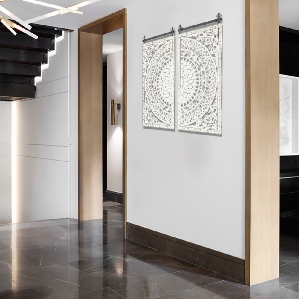 Décoration murale en bois blanc ivoire vieilli avec des accents noirs (lot de 2)