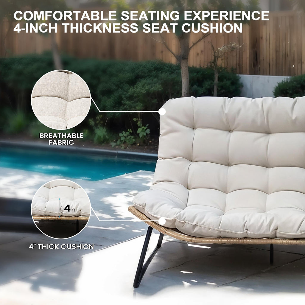 Fauteuil Papasan double avec coussin, rotin PE toutes saisons et cadre en métal pour intérieur et extérieur