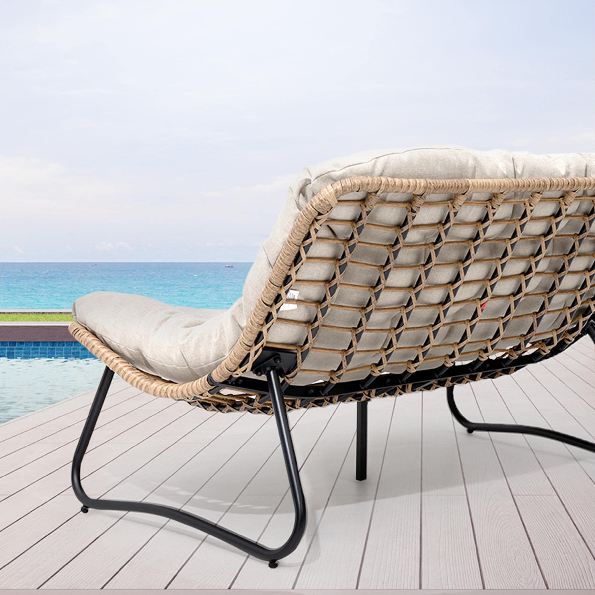 Fauteuil Papasan double avec coussin, rotin PE toutes saisons et cadre en métal pour intérieur et extérieur