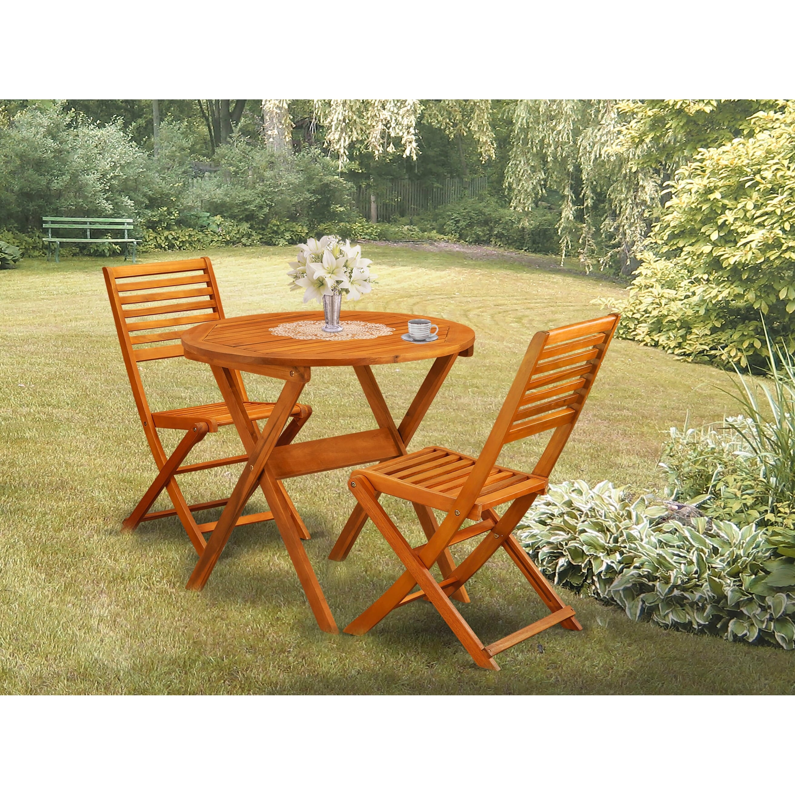 L'ensemble de bistrot d'extérieur East West Furniture comprend une table basse ronde en bois et 2 chaises pliantes, huile naturelle