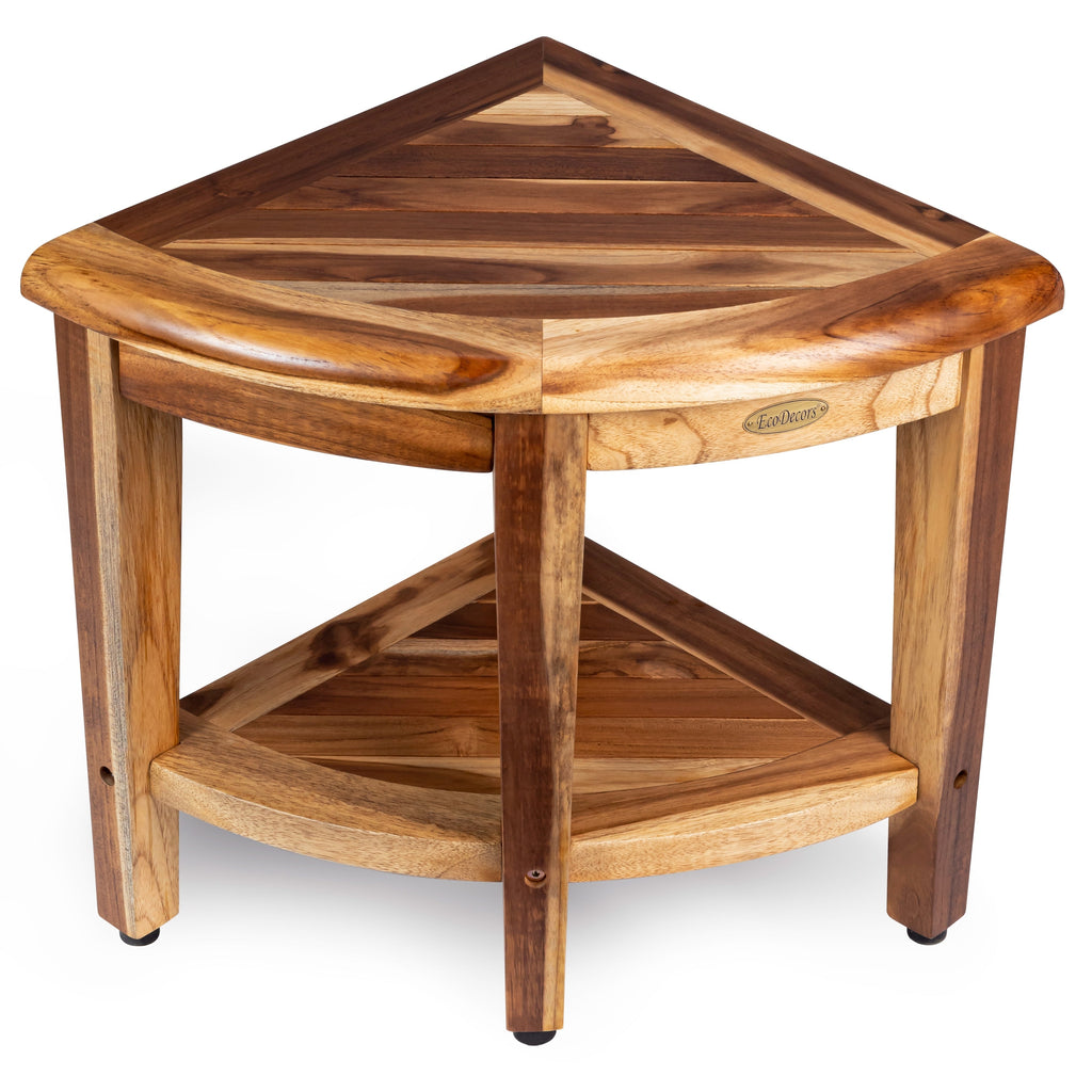EcoDecors, Banc de douche élégant en teck, Tabouret de douche en teck, Tabouret d'angle, Banc de douche d'angle en teck, Avec étagère