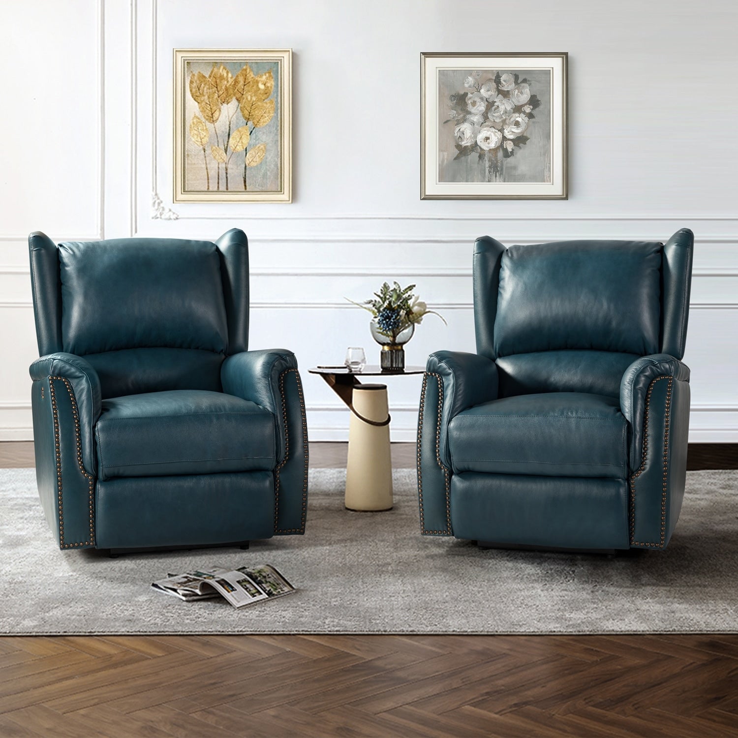 Fauteuil inclinable électrique en cuir véritable Eduardo avec port USB, lot de 2