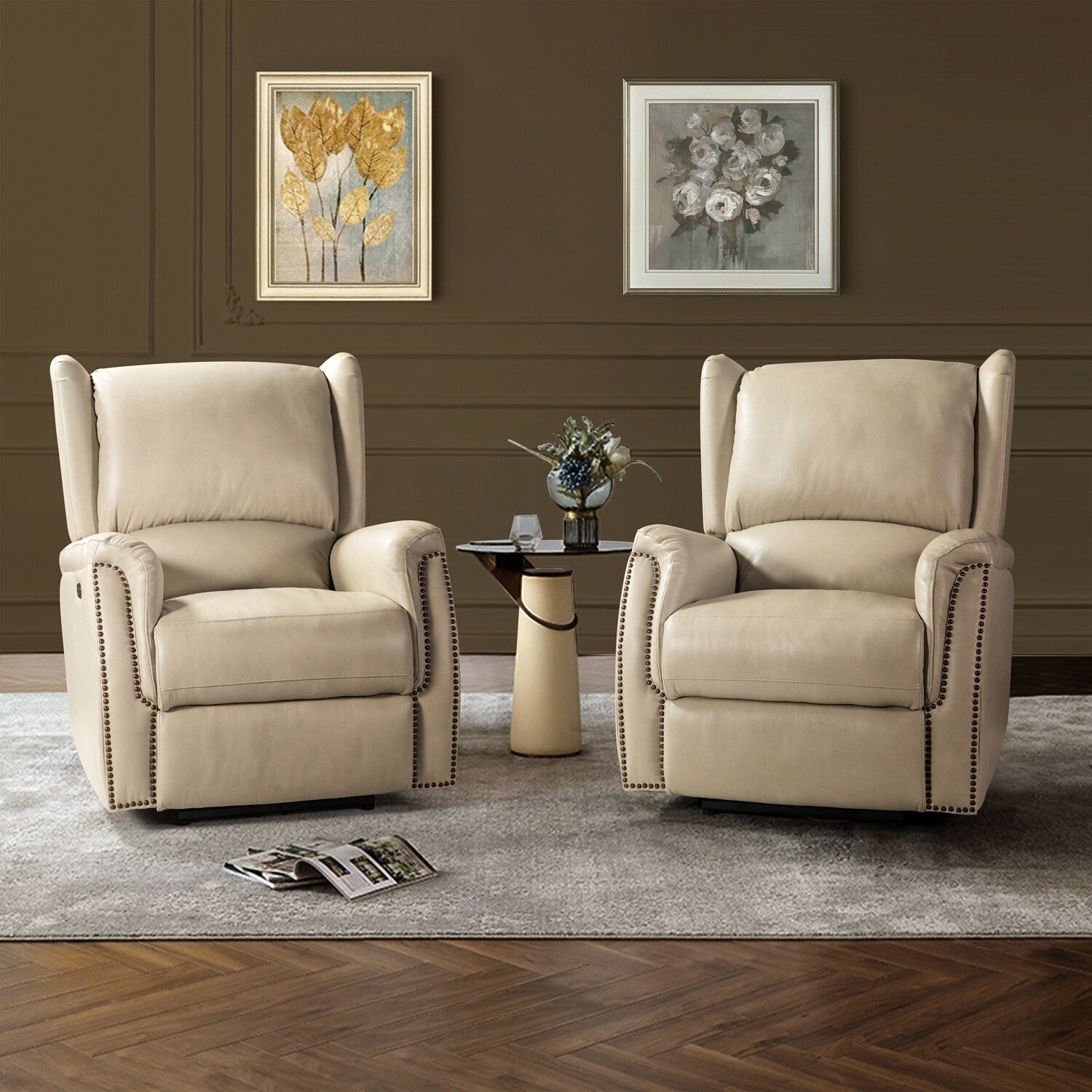 Fauteuil inclinable électrique en cuir véritable Eduardo avec port USB, lot de 2
