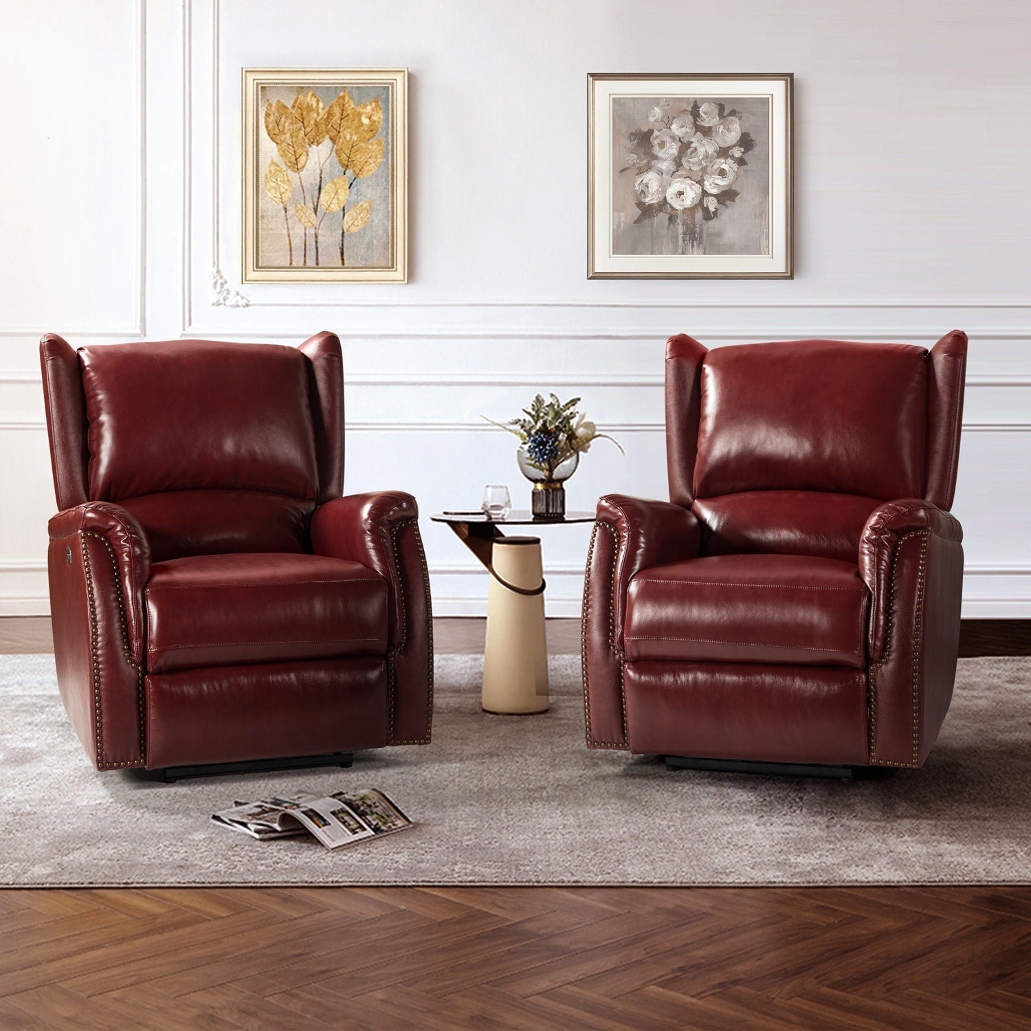 Fauteuil inclinable électrique en cuir véritable Eduardo avec port USB, lot de 2