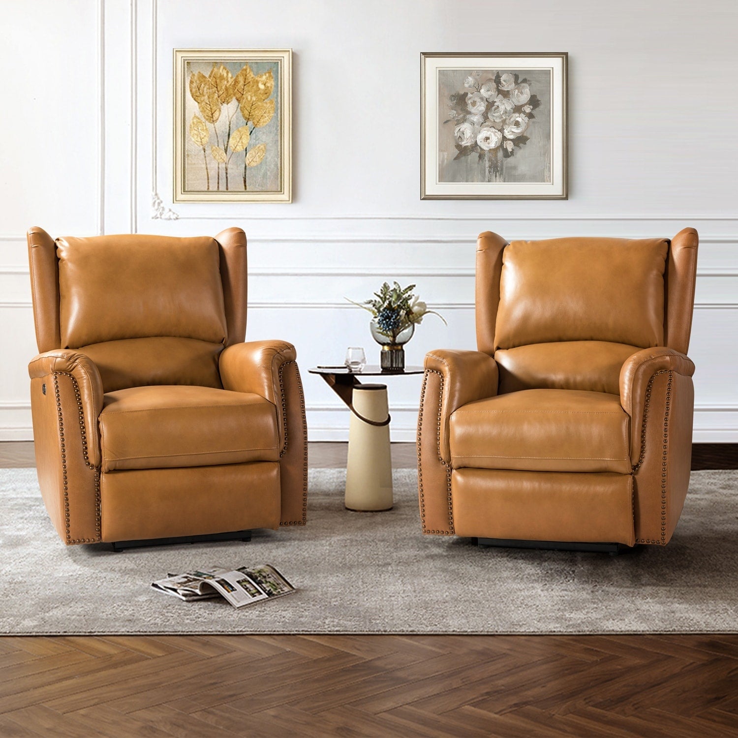 Fauteuil inclinable électrique en cuir véritable Eduardo avec port USB, lot de 2