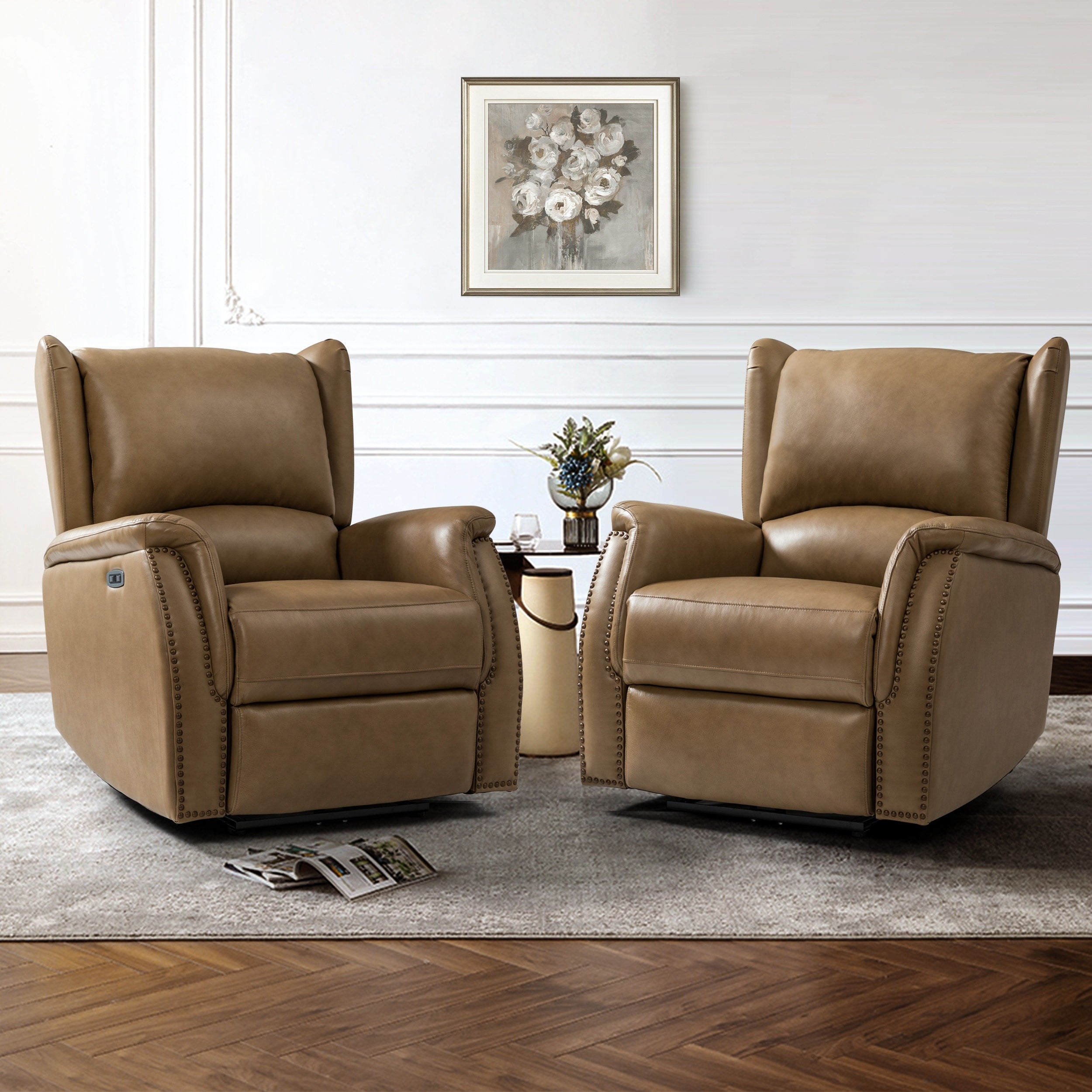 Fauteuil inclinable électrique en cuir véritable Eduardo avec port USB, lot de 2
