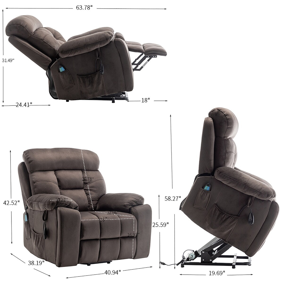 Fauteuil releveur électrique inclinable avec chauffage massant