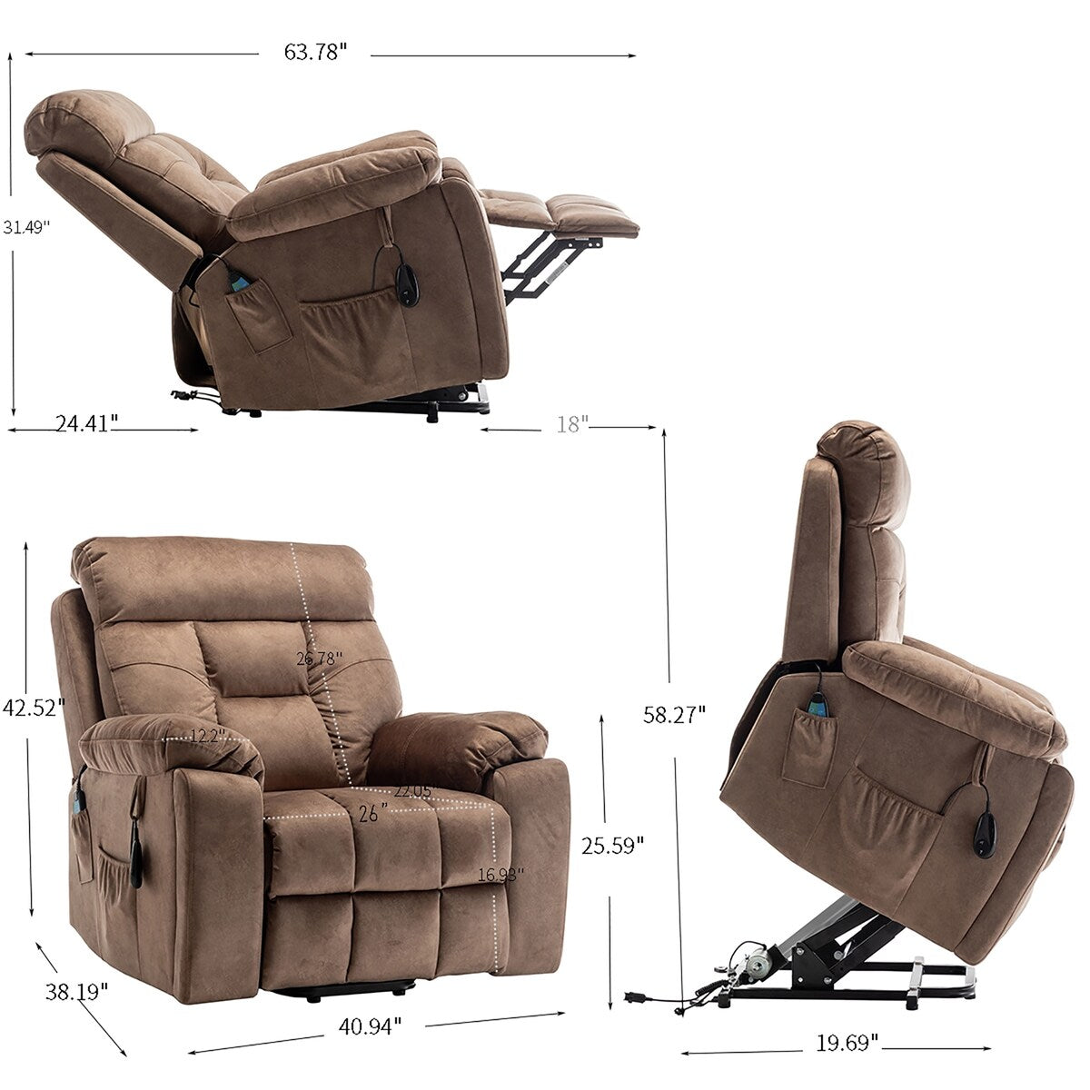 Fauteuil releveur électrique inclinable avec chauffage massant
