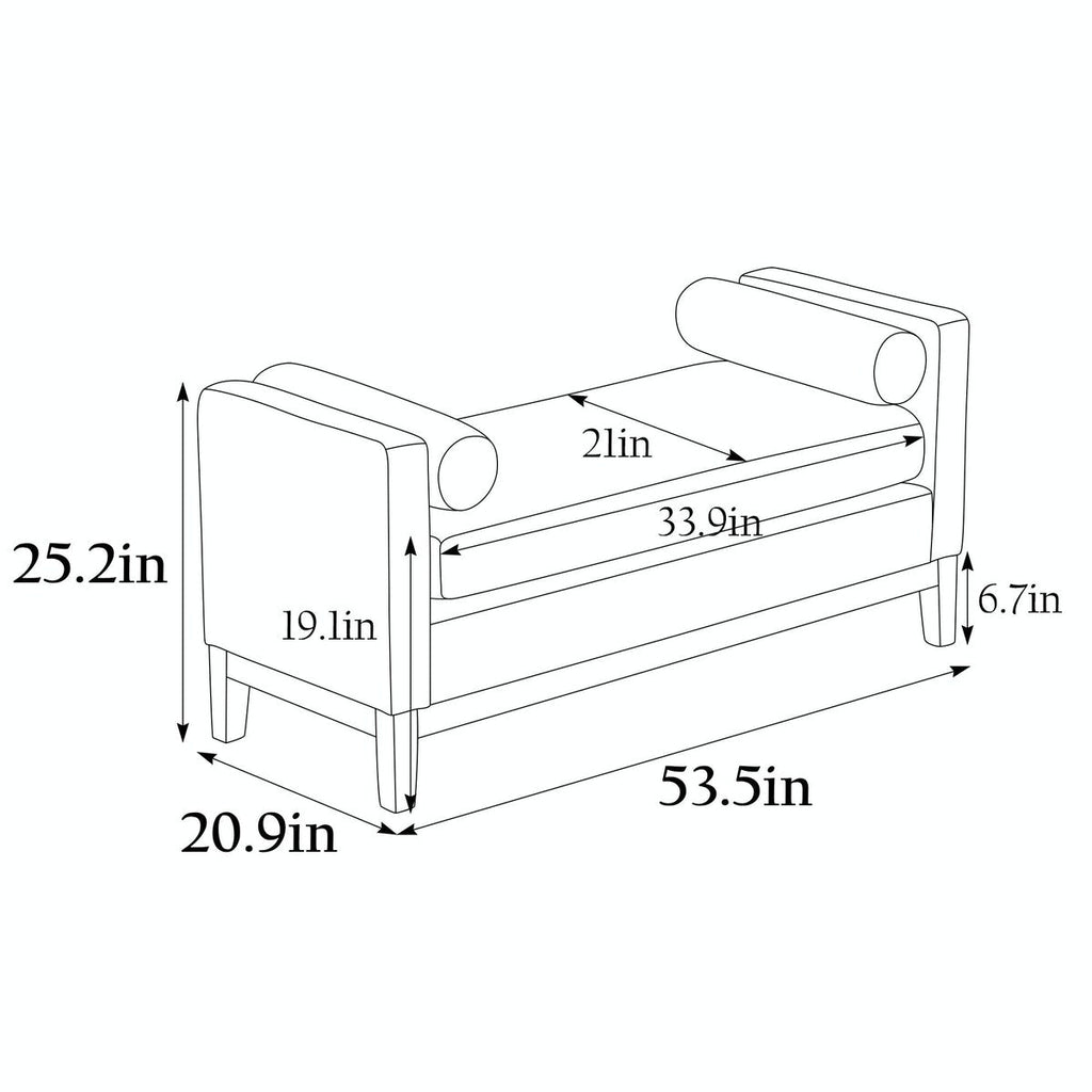 Élégant banc ottoman rembourré de 53,5 pouces avec pieds en bois et coussins traversins