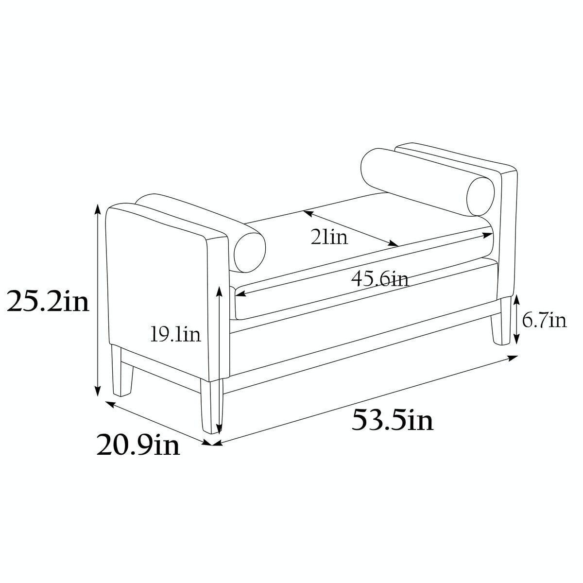Élégant banc ottoman rembourré de 53,5 pouces avec pieds en bois et coussins traversins