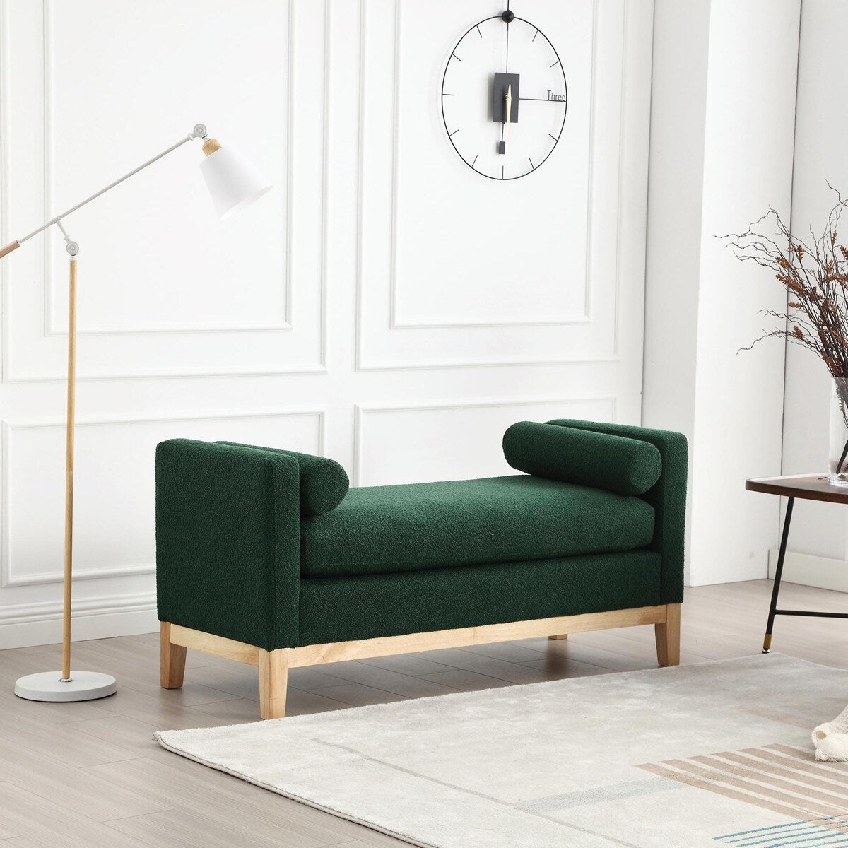 Élégant banc ottoman rembourré de 53,5 pouces avec pieds en bois et coussins traversins