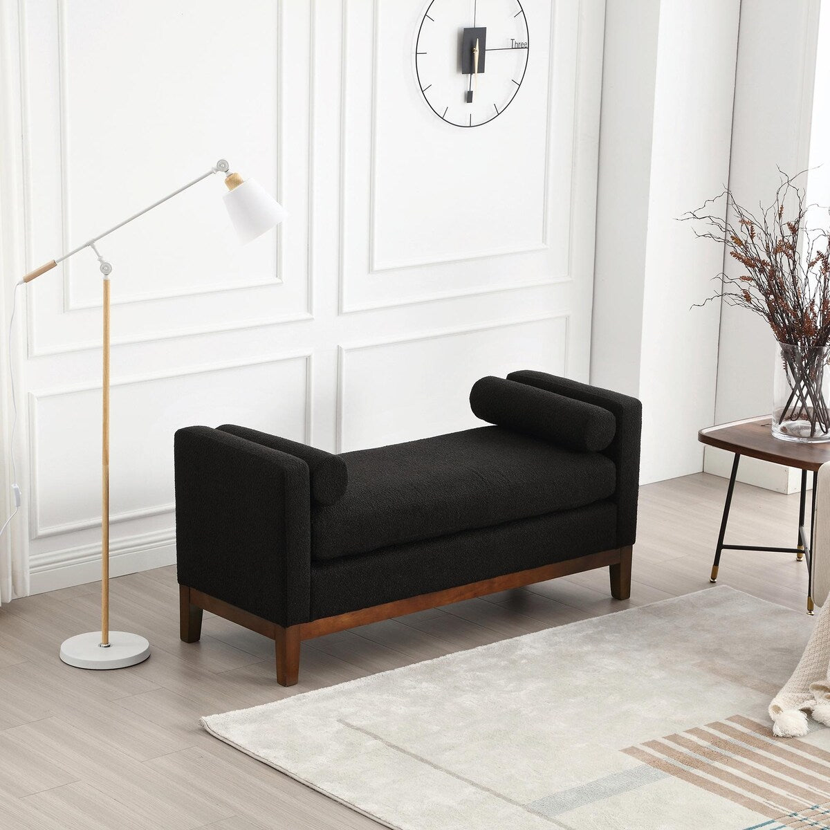 Élégant banc ottoman rembourré de 53,5 pouces avec pieds en bois et coussins traversins