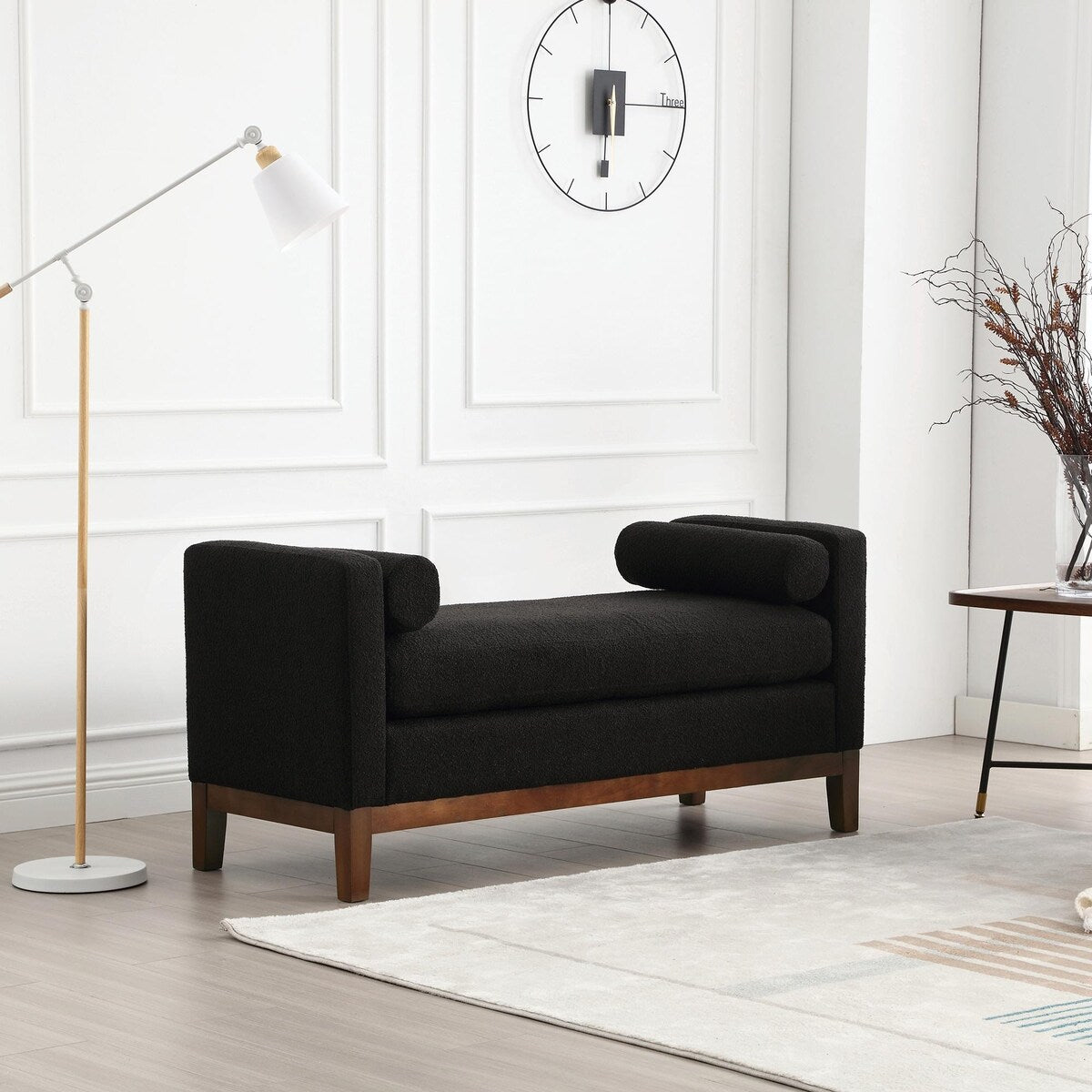 Élégant banc ottoman rembourré de 53,5 pouces avec pieds en bois et coussins traversins