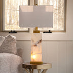 Lampe de table LED Eloise 27,5 en albâtre, blanc/feuille d'or par JONATHAN Y