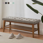 Banc à chaussures d'entrée, banc de rangement en tissu et bois massif, banc rembourré de 43 pouces pour salon et chambres