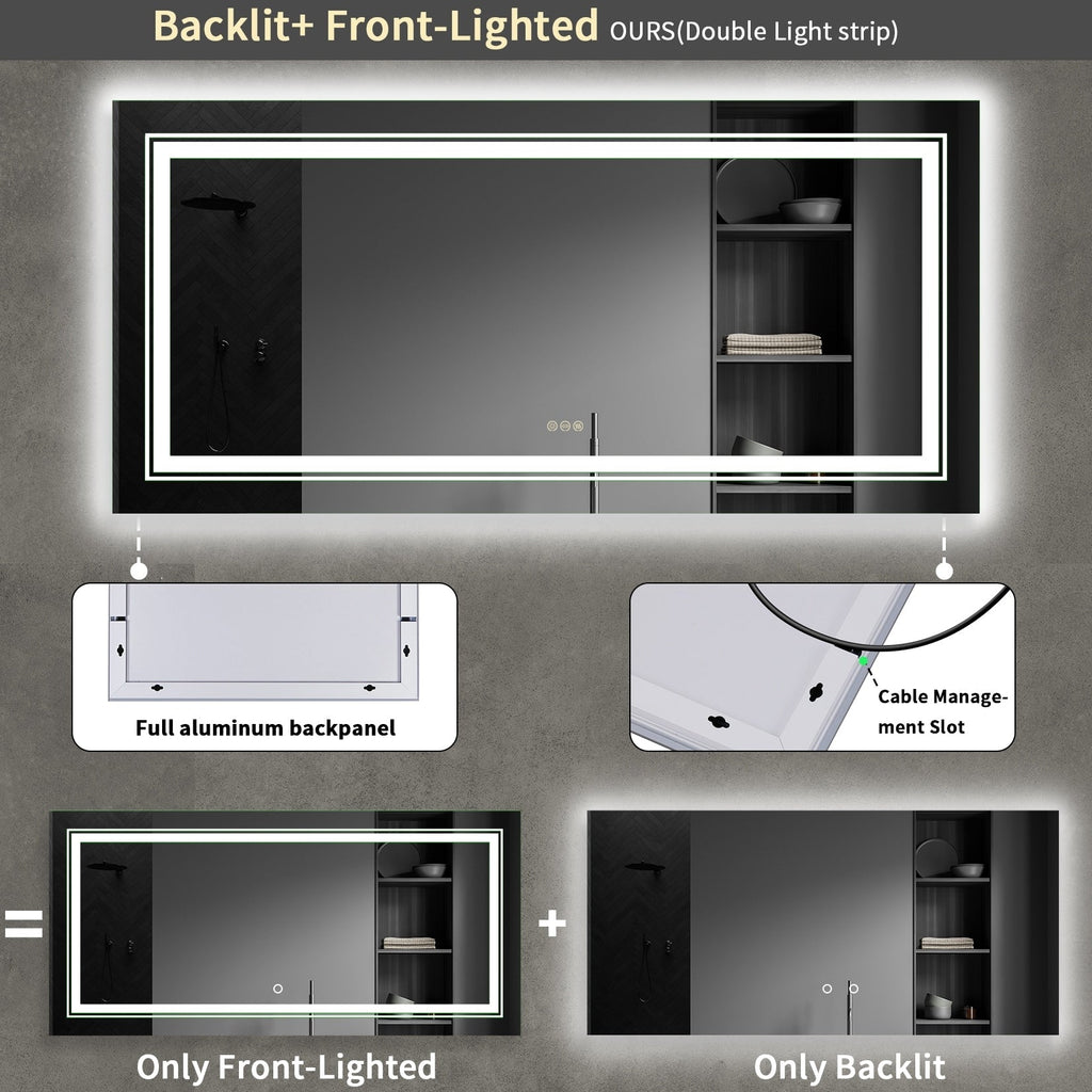 Miroir de salle de bain extra large avec éclairage LED, antibuée, 3 couleurs
