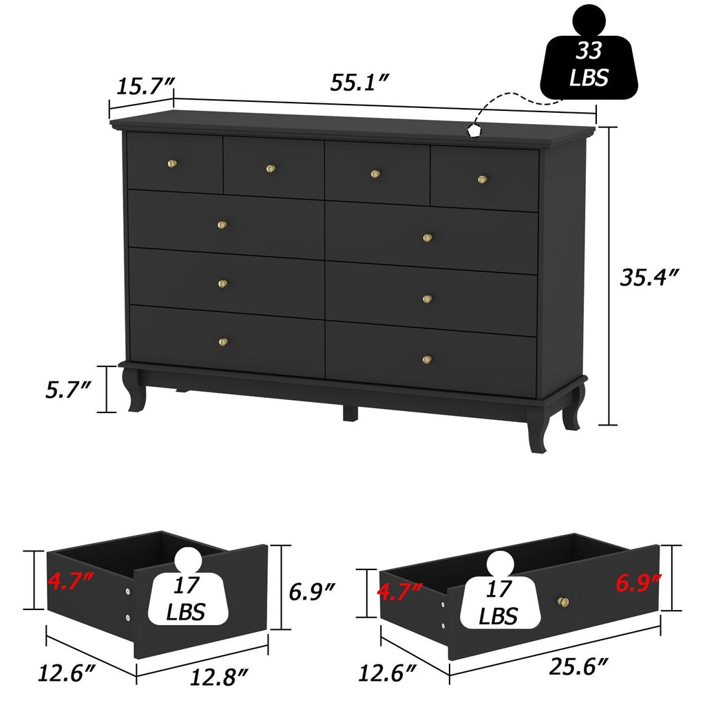 Commode double à 10 tiroirs pour chambre à coucher, commode blanche, grand espace de rangement