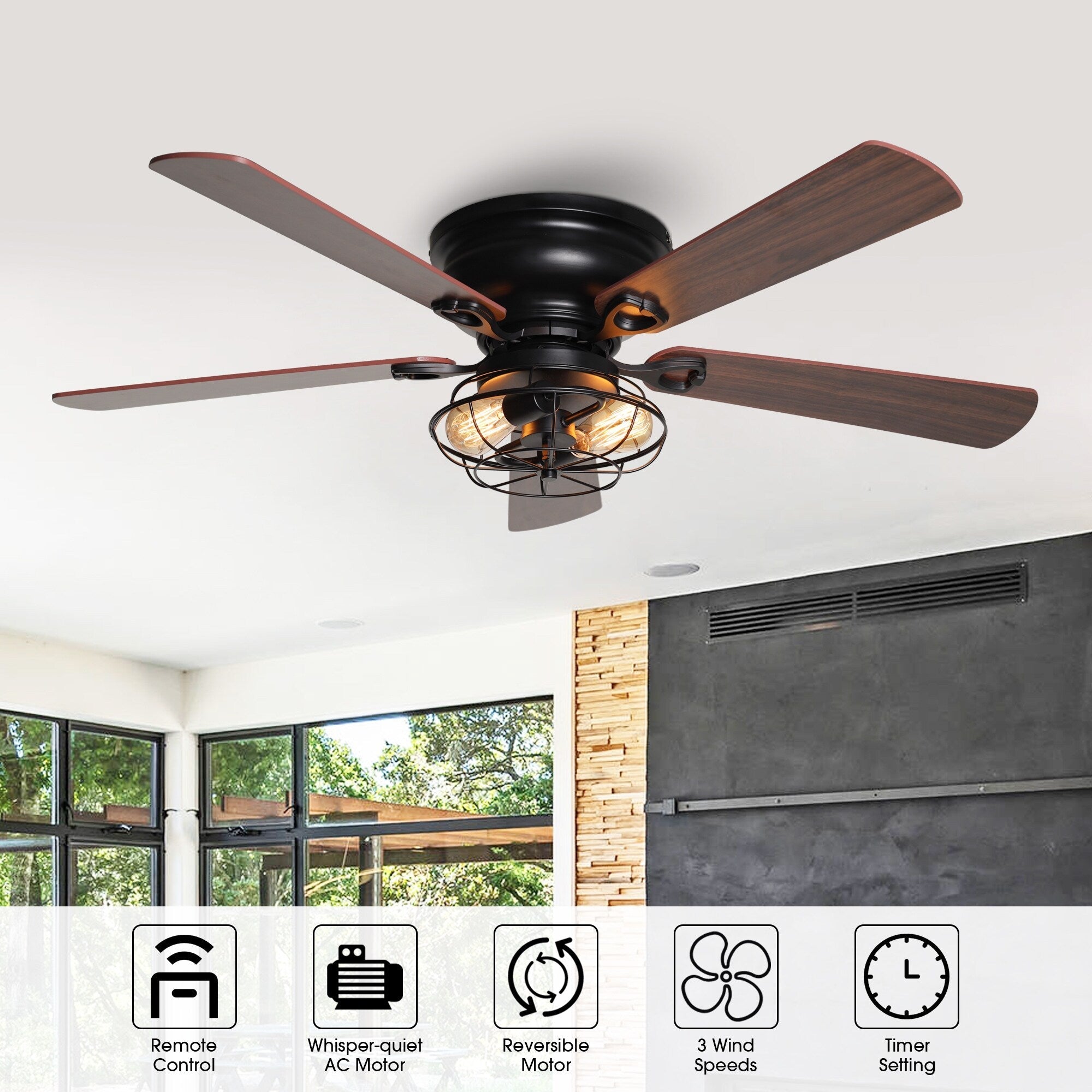 Ventilateur de plafond encastré noir Farmhouse de 48 po à 5 pales en bois à profil bas avec télécommande et kit d'éclairage