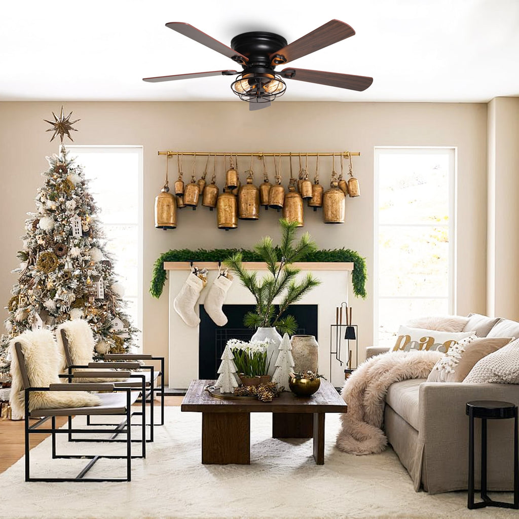 Ventilateur de plafond encastré noir Farmhouse de 48 po à 5 pales en bois à profil bas avec télécommande et kit d'éclairage